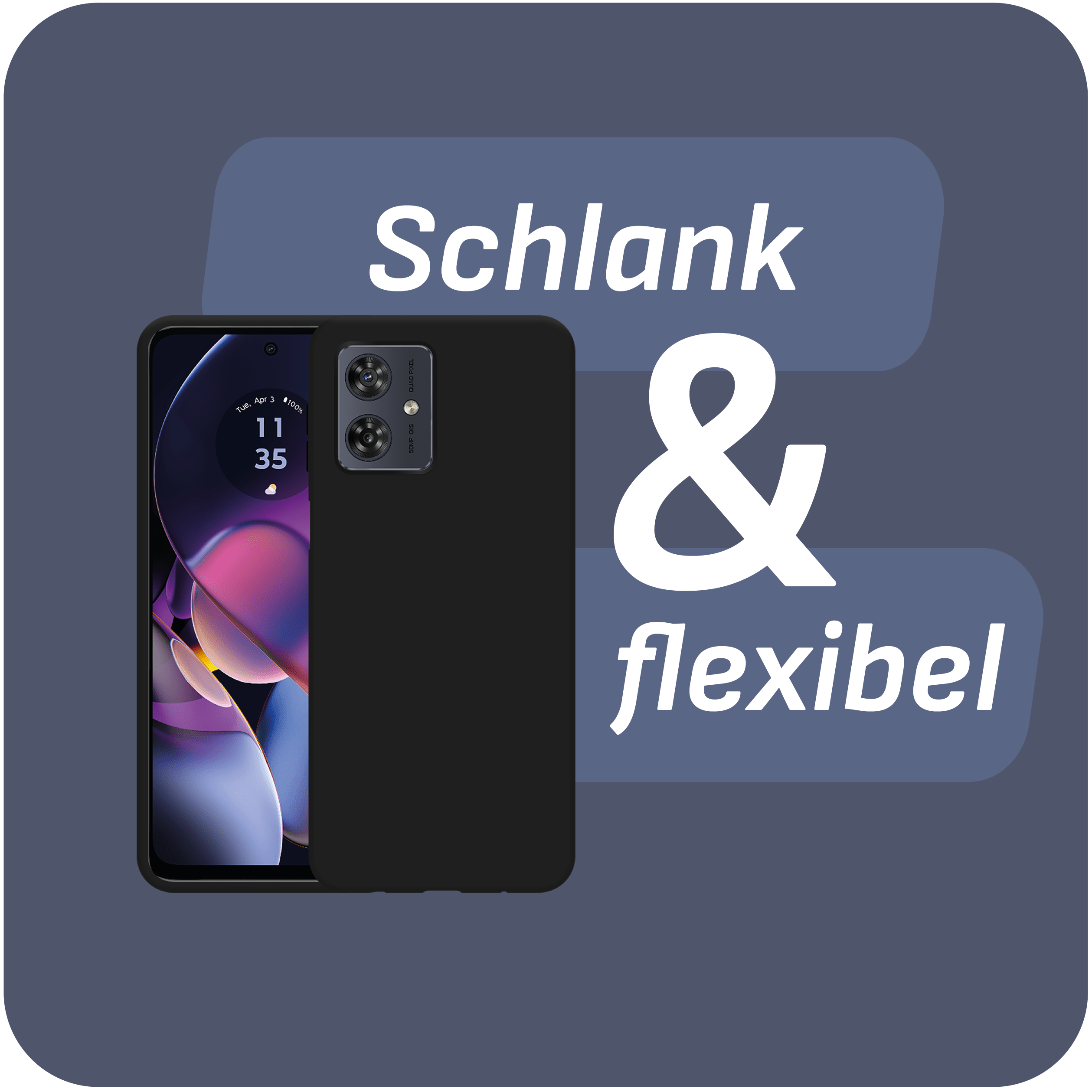 Schwarzes Telefon mit schwarzer Hülle. Weißer Text: 'Schlank & flexibel' auf Hintergrund.