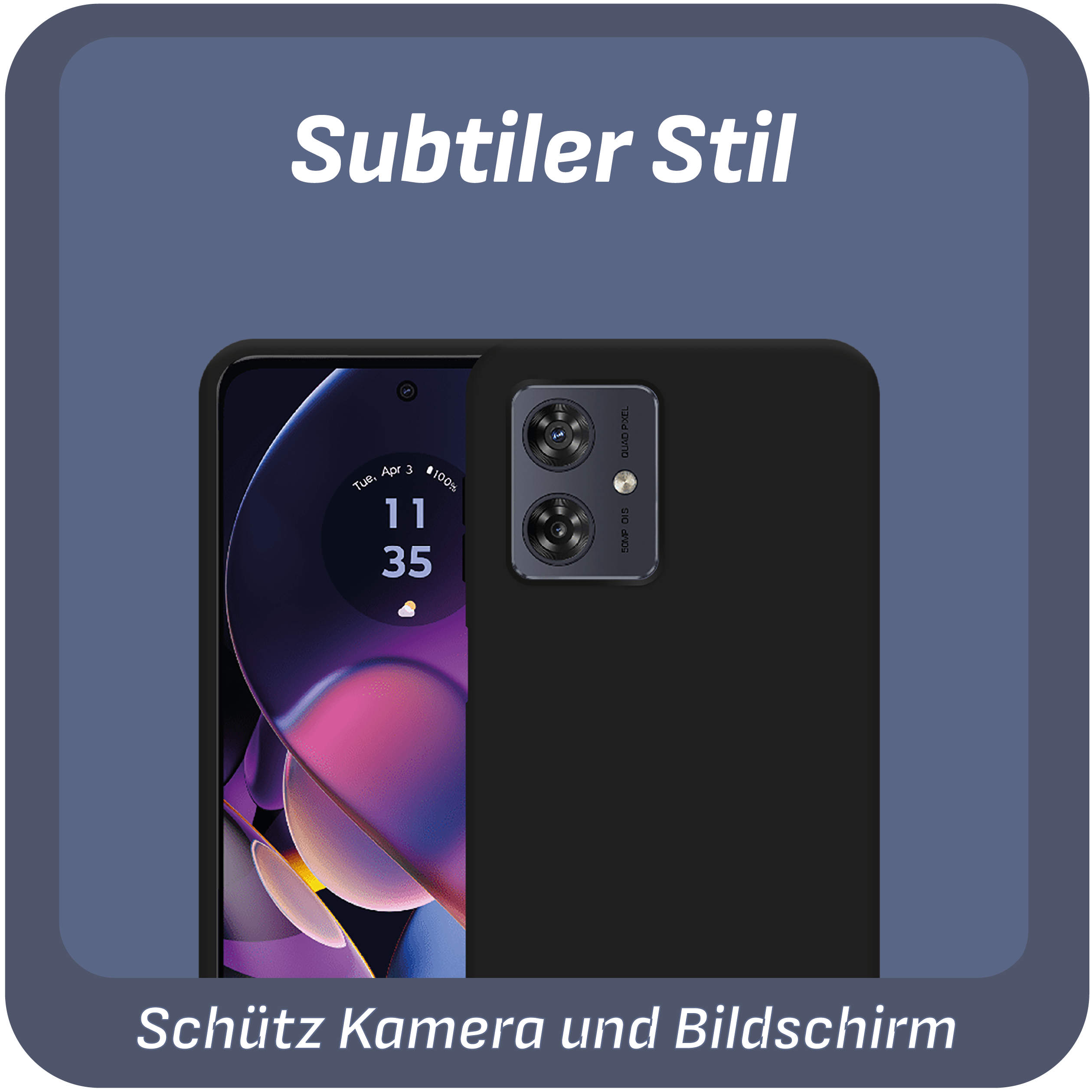 Schwarzes Telefon mit Zeitanzeige. Schwarze Hülle bedeckt das Telefon. Hintergrund hat Text.