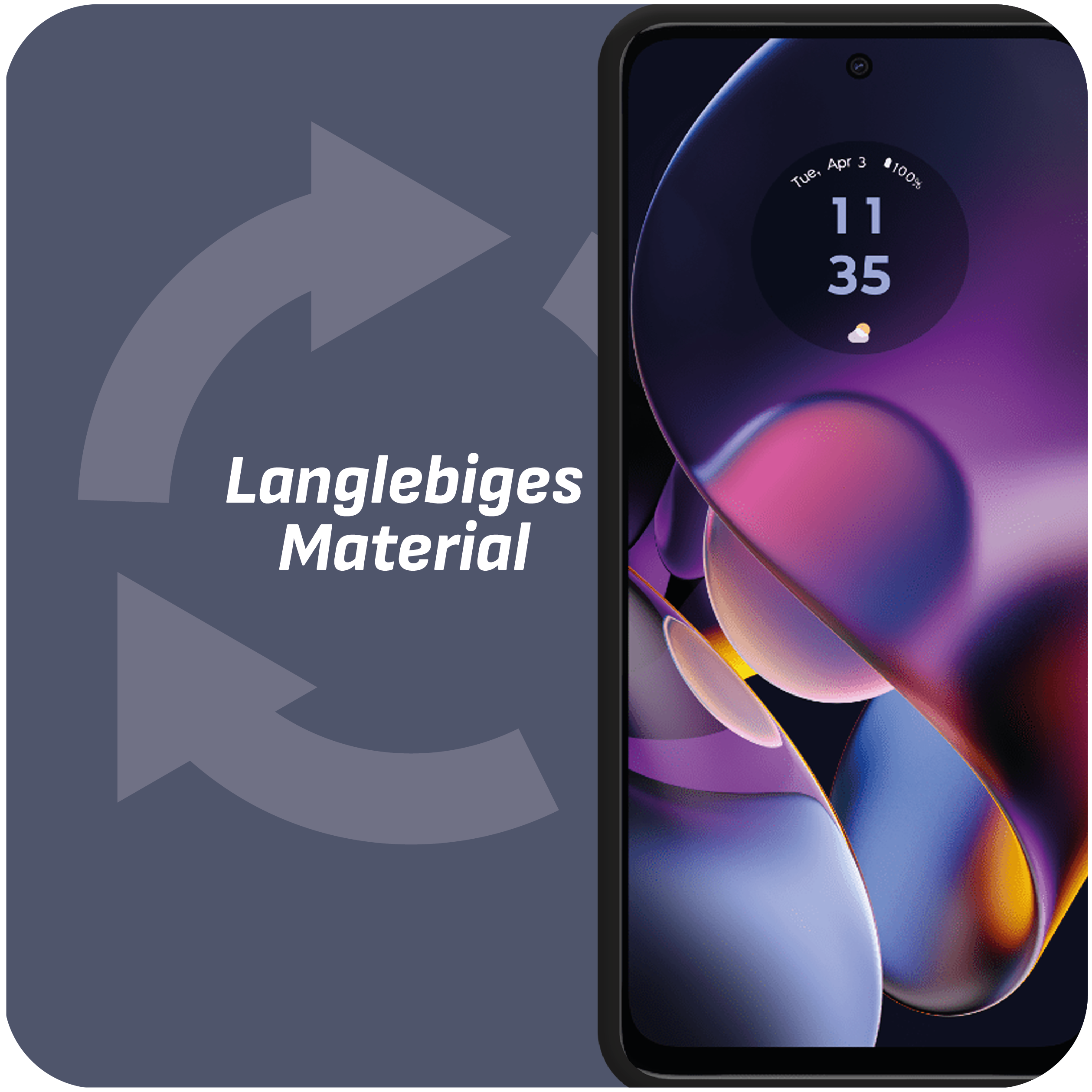 Ein Telefon wird mit dem Text "Langlebiges Material" und Pfeilen gezeigt. Der Telefonbildschirm ist sichtbar.