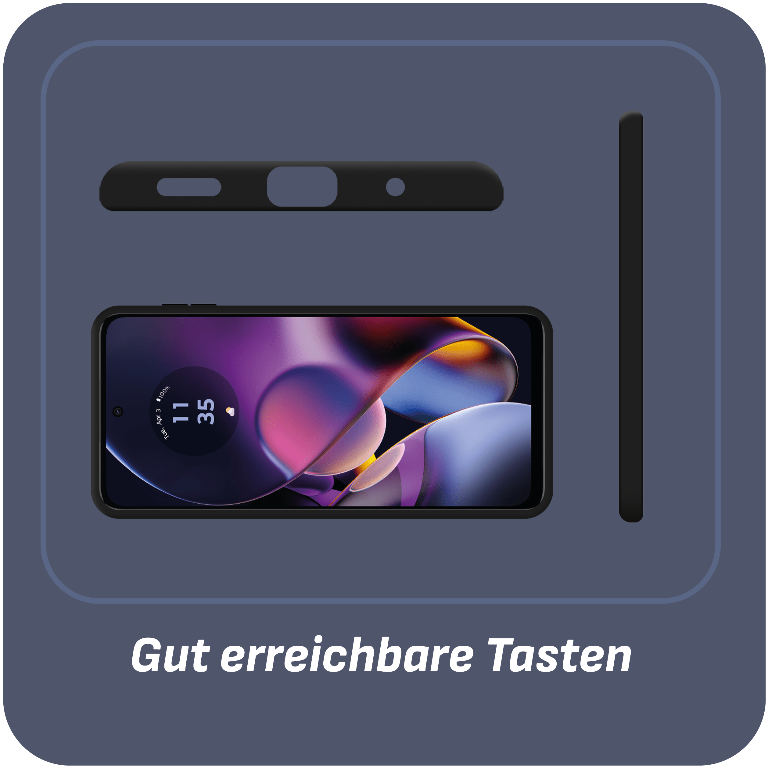 Eine Handyhülle mit schwarzem Bildschirm und Display. Das Telefon zeigt die Uhrzeit und einen lila Hintergrund.