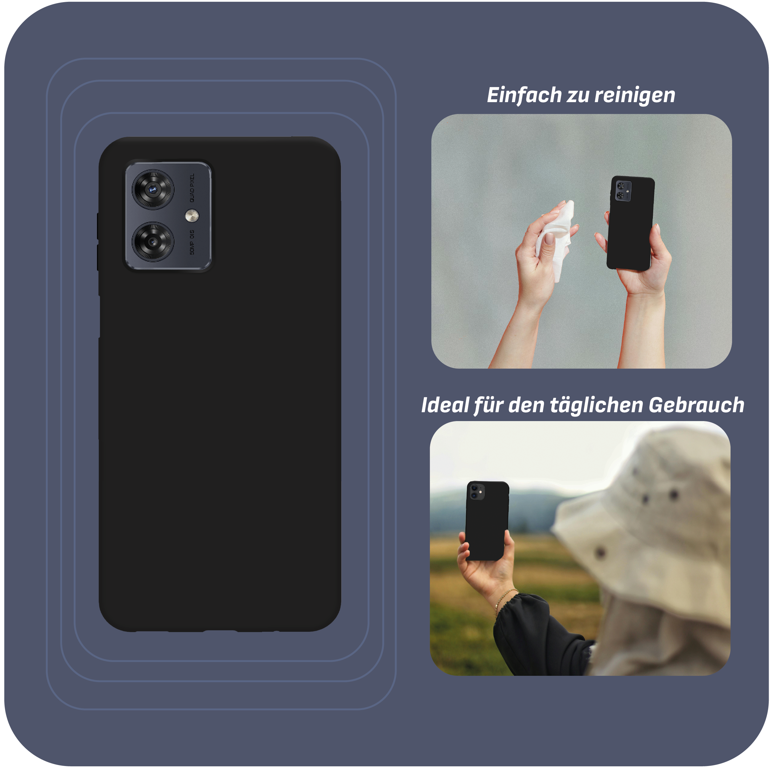 Eine schwarze Handyhülle mit Handy. Weitere Bilder zeigen Reinigung und Nutzung im Freien.