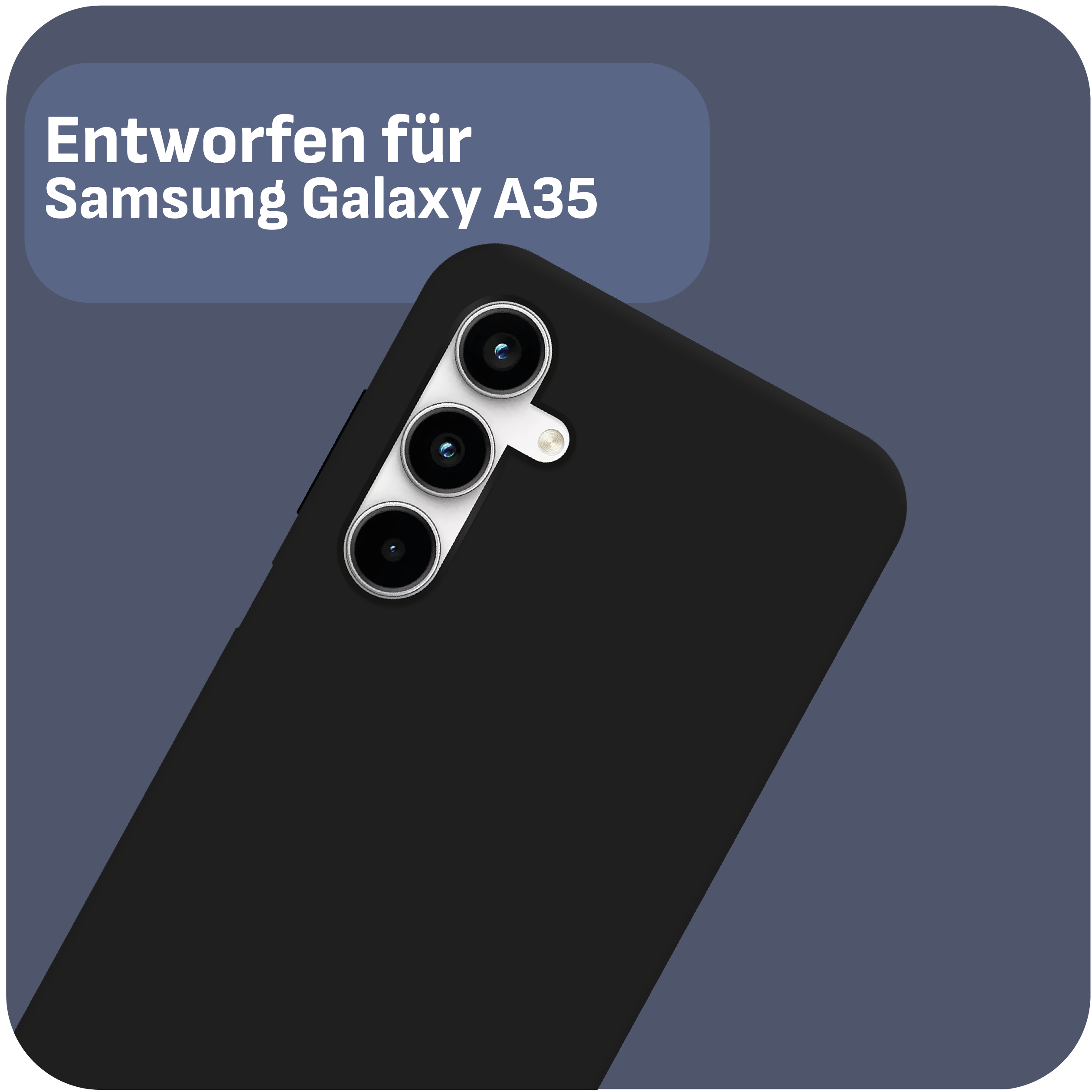 Schwarze Handyhülle mit Kameraausschnitten auf blauem Hintergrund. Text: Für Samsung Galaxy A35 entwickelt.