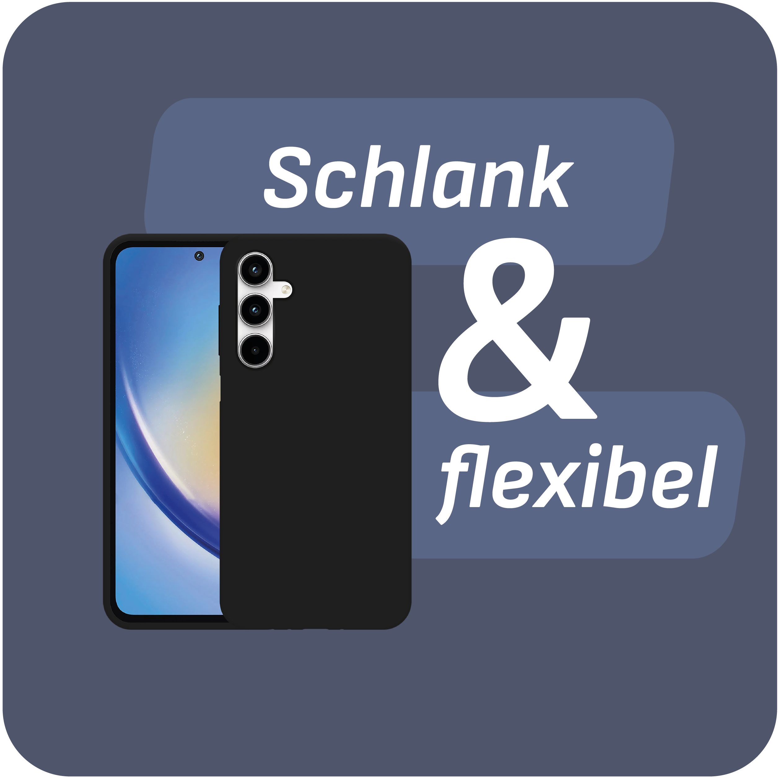 Eine schwarze Handyhülle mit den Worten 'Schlank & flexibel' auf blauem Hintergrund.