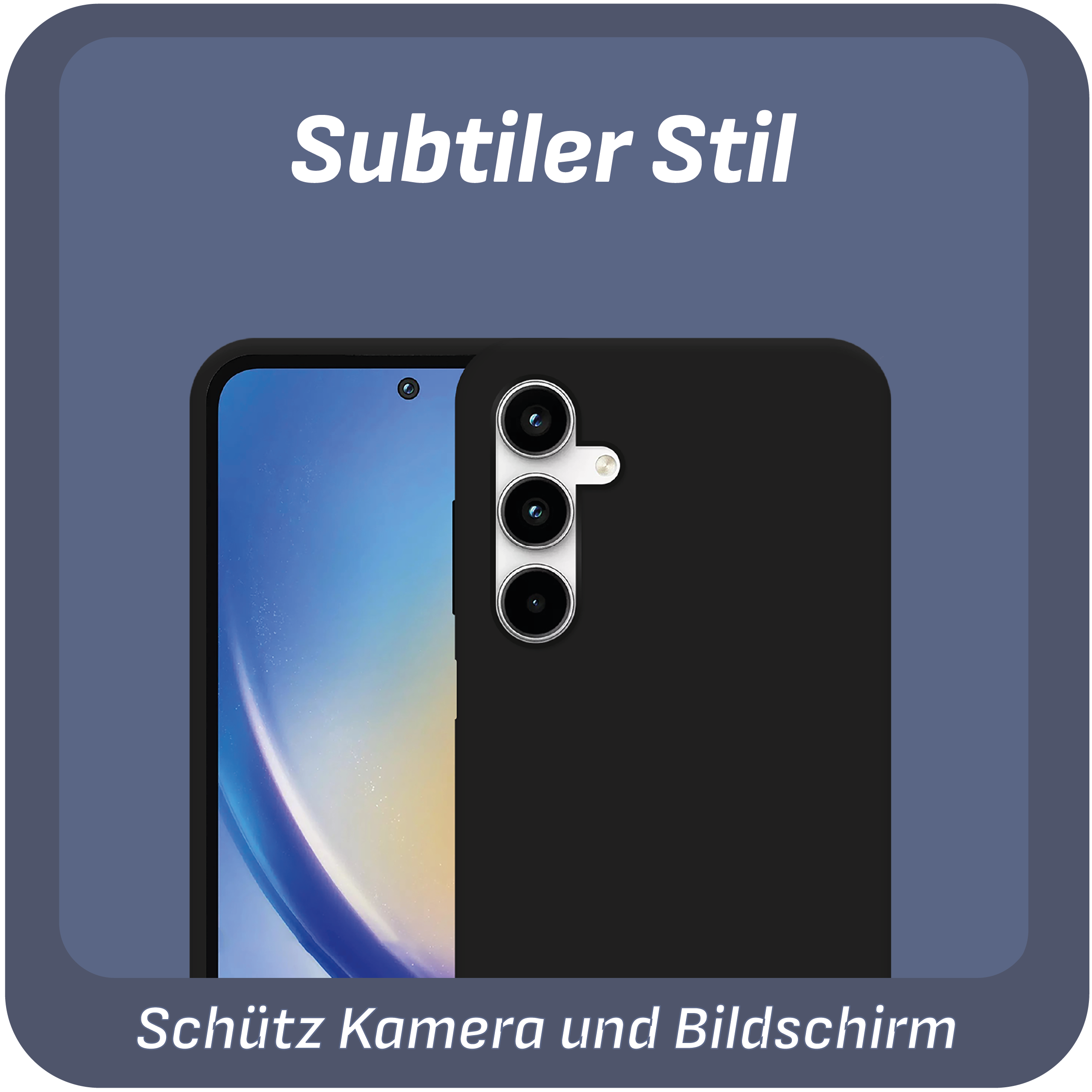 Smartphone mit schwarzem Gehäuse, zeigt die Rückseite mit Kameras. Blau-weißer Hintergrund.