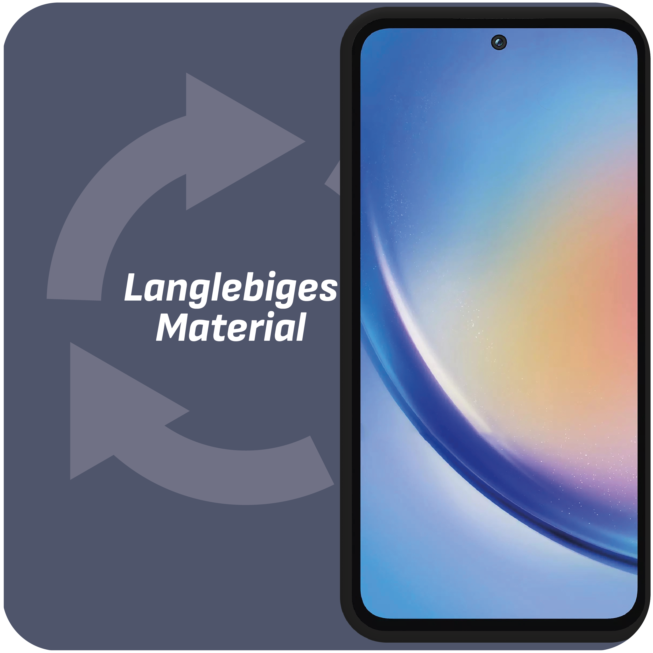 Ein Telefon mit blau-gelbem Farbverlauf-Bildschirm. Pfeile umkreisen den Text: Langlebiges Material.