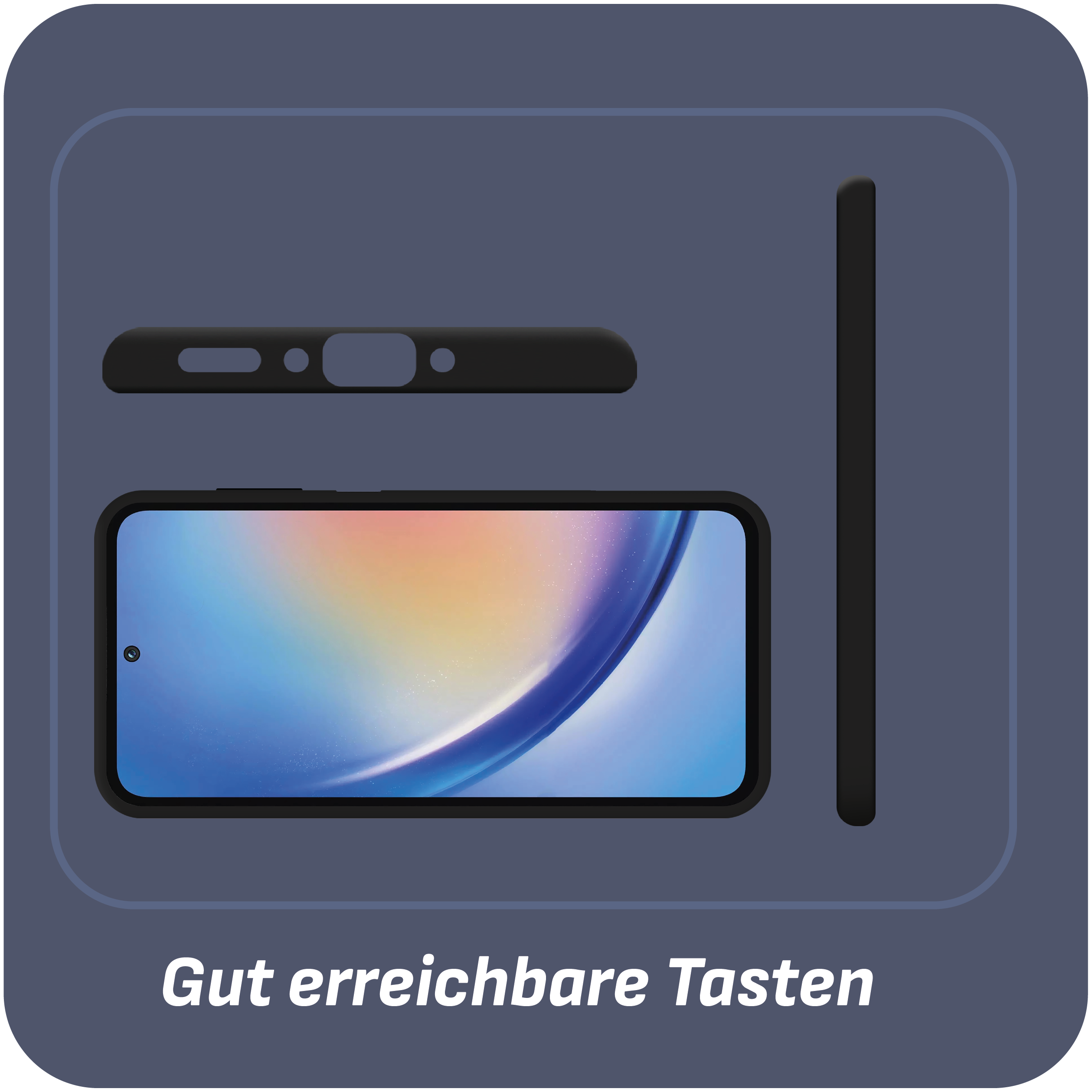 Eine Handyhülle mit Telefon und die Seiten der Hülle werden gezeigt. Der Text lautet 'Gut erreichbare Tasten'.