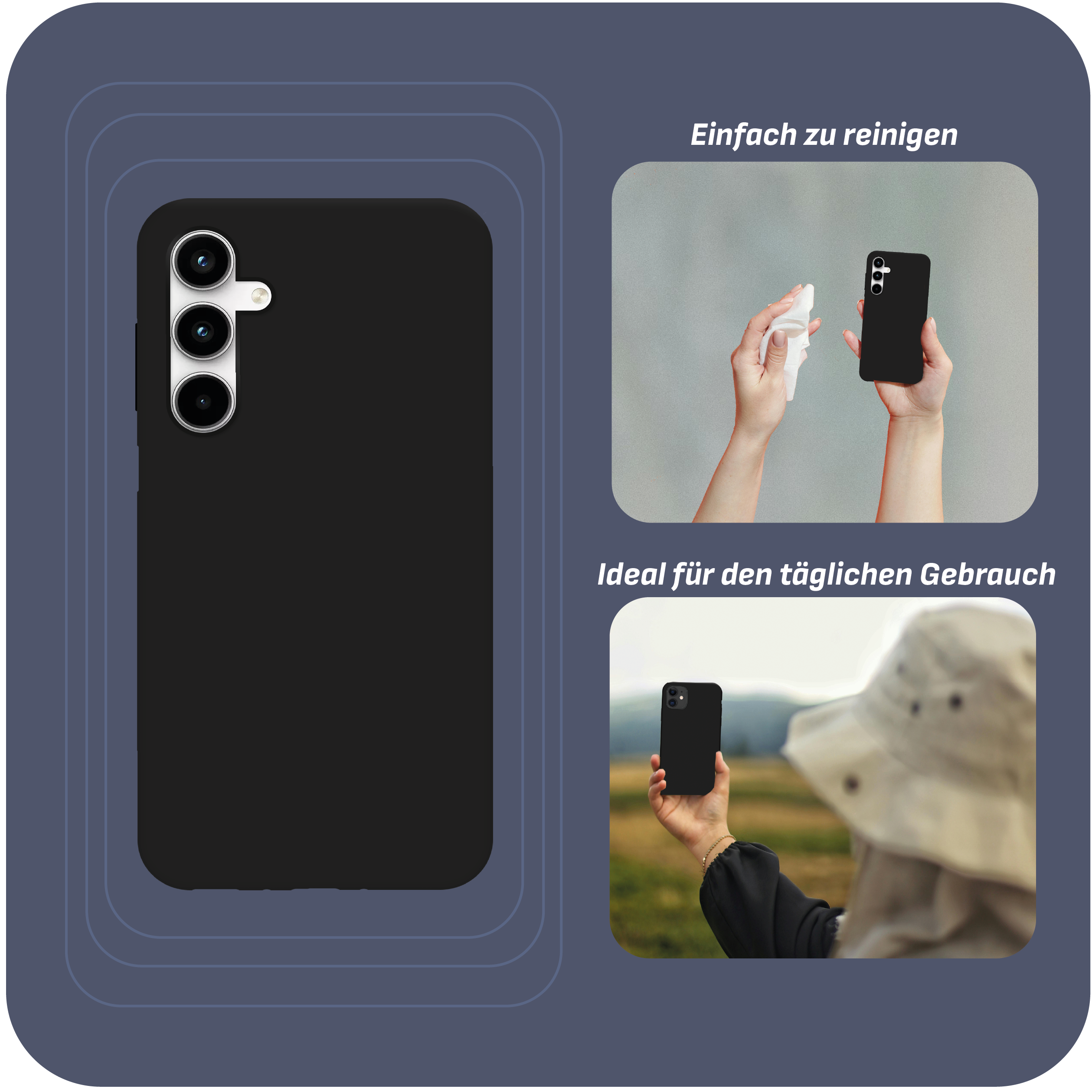 Eine schwarze Handyhülle mit einem Telefon. Es hat 3 Kameras. Bilder zeigen Reinigung und tägliche Nutzung.