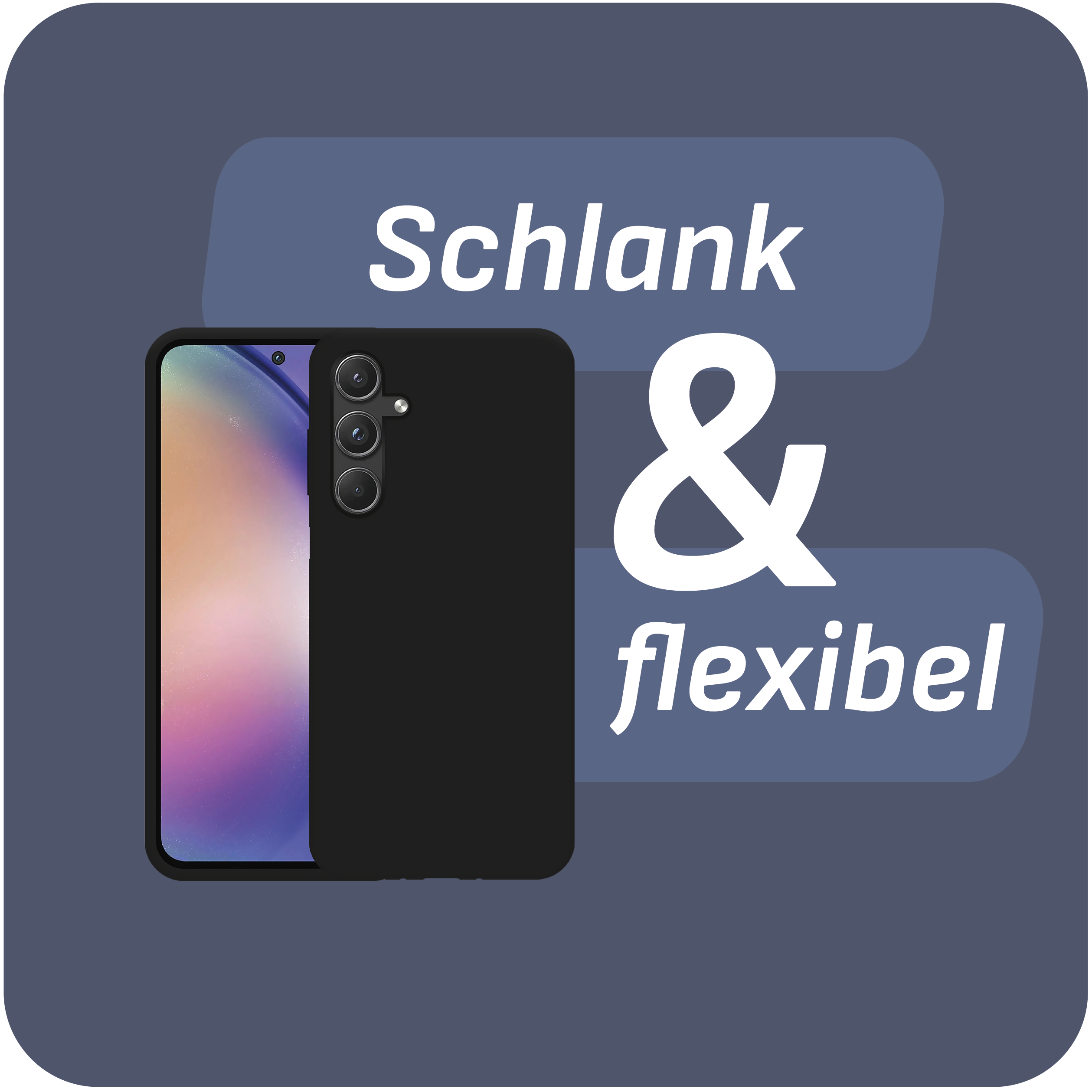 Schwarze Handyhülle mit Telefon und den Worten 'Schlank & flexibel' in Weiß.