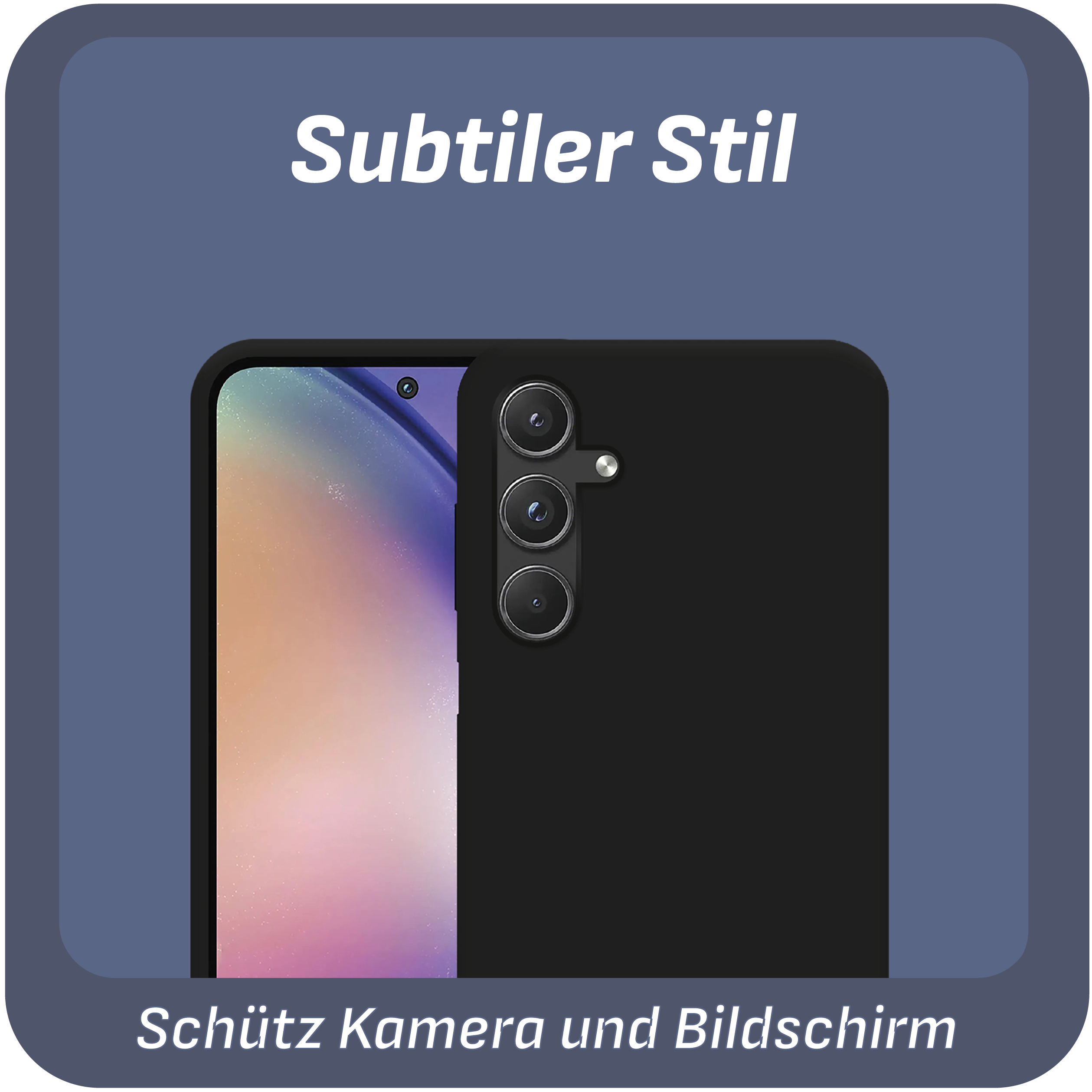 Eine schwarze Handyhülle mit drei Kameras. Text auf Deutsch: 'Schutz Kamera und Bildschirm'.