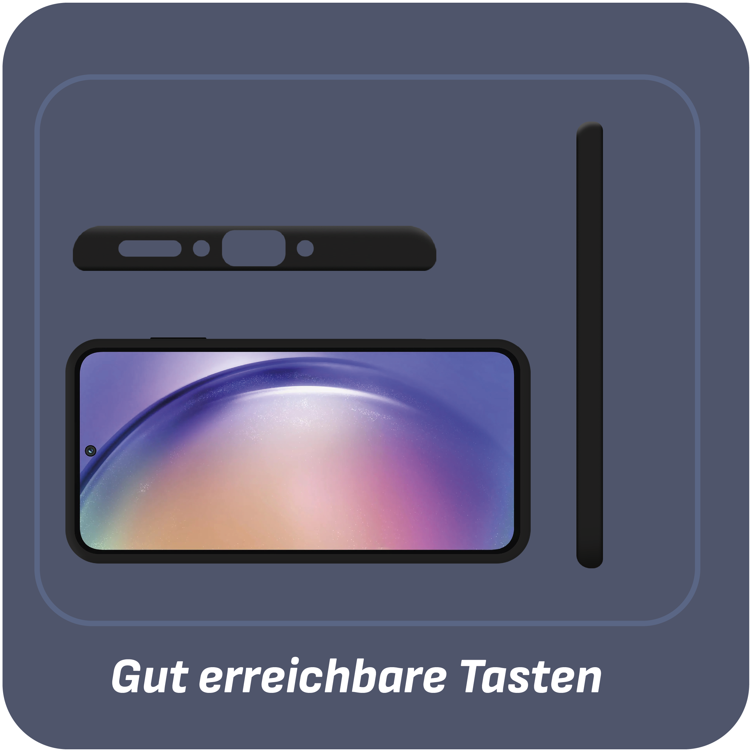 Schwarze Handyhülle mit Telefon. Verschiedene Ansichten der Hülle. Text unten.