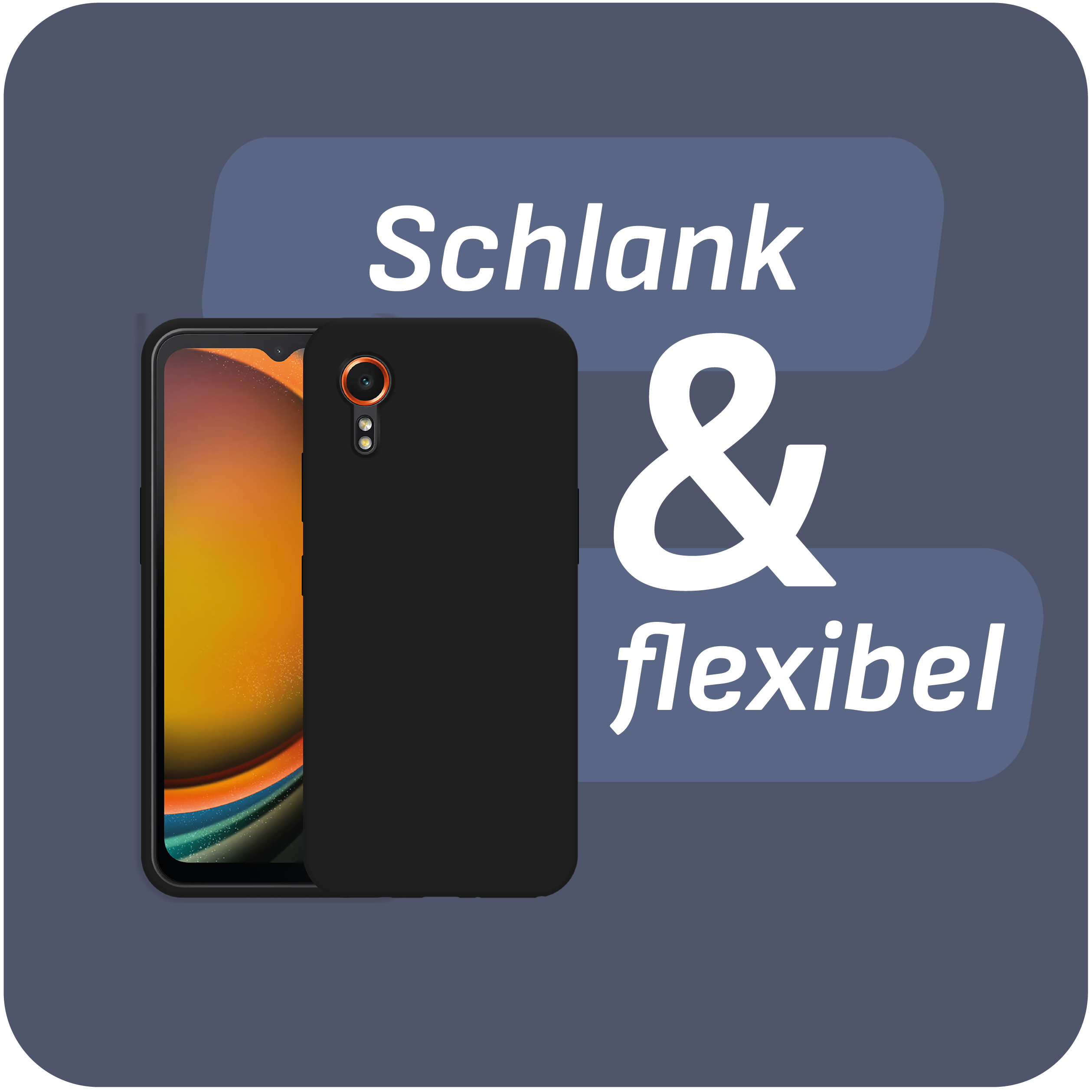 Eine schwarze Handyhülle mit Telefon. Text sagt, 'Schlank & Flexibel'.