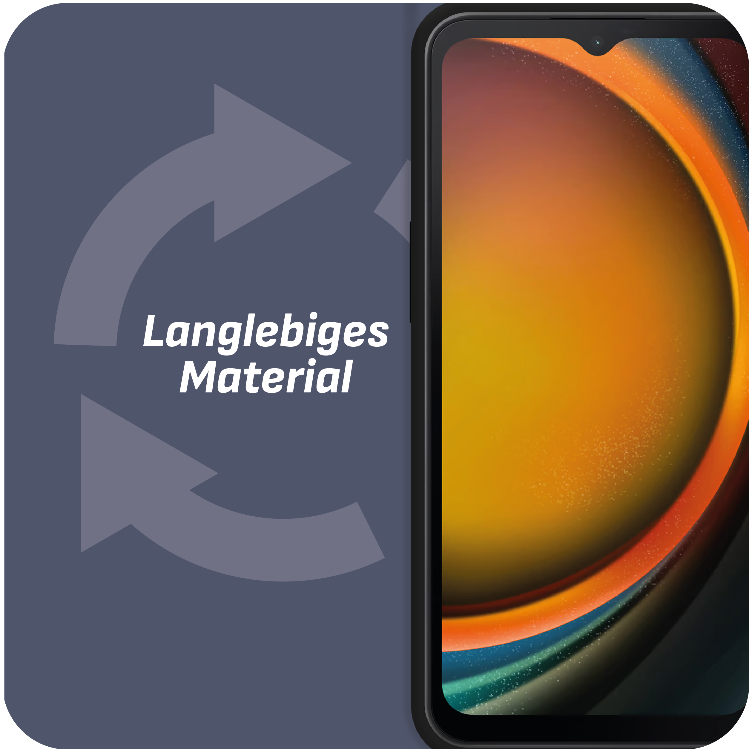 Smartphone mit orange-gelbem Farbverlauf, mit Pfeilen und Wörtern.