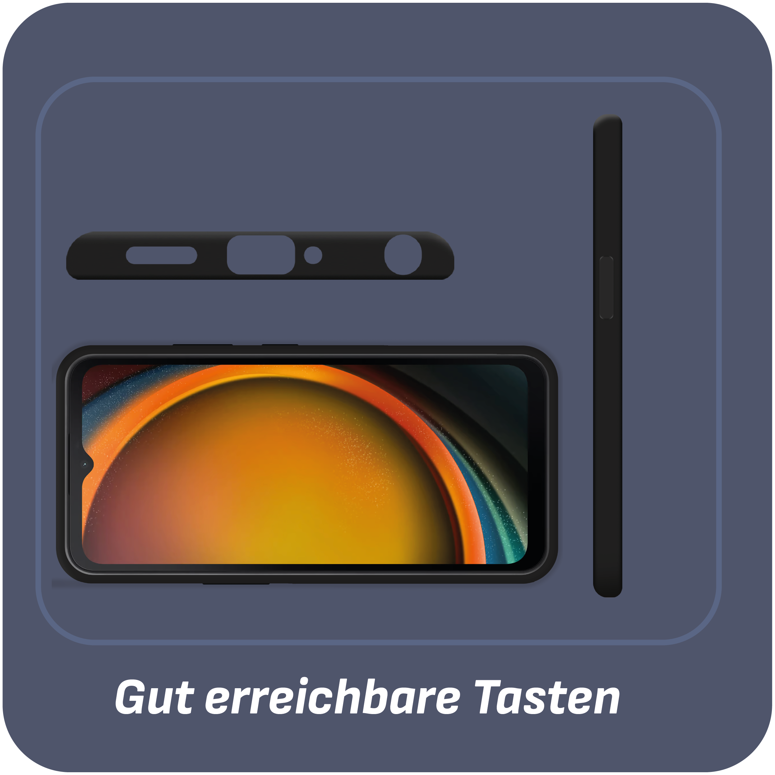 Handyhülle mit Telefon im Inneren, Teile getrennt. Text: Leicht erreichbare Tasten. Dunkelblauer Hintergrund.