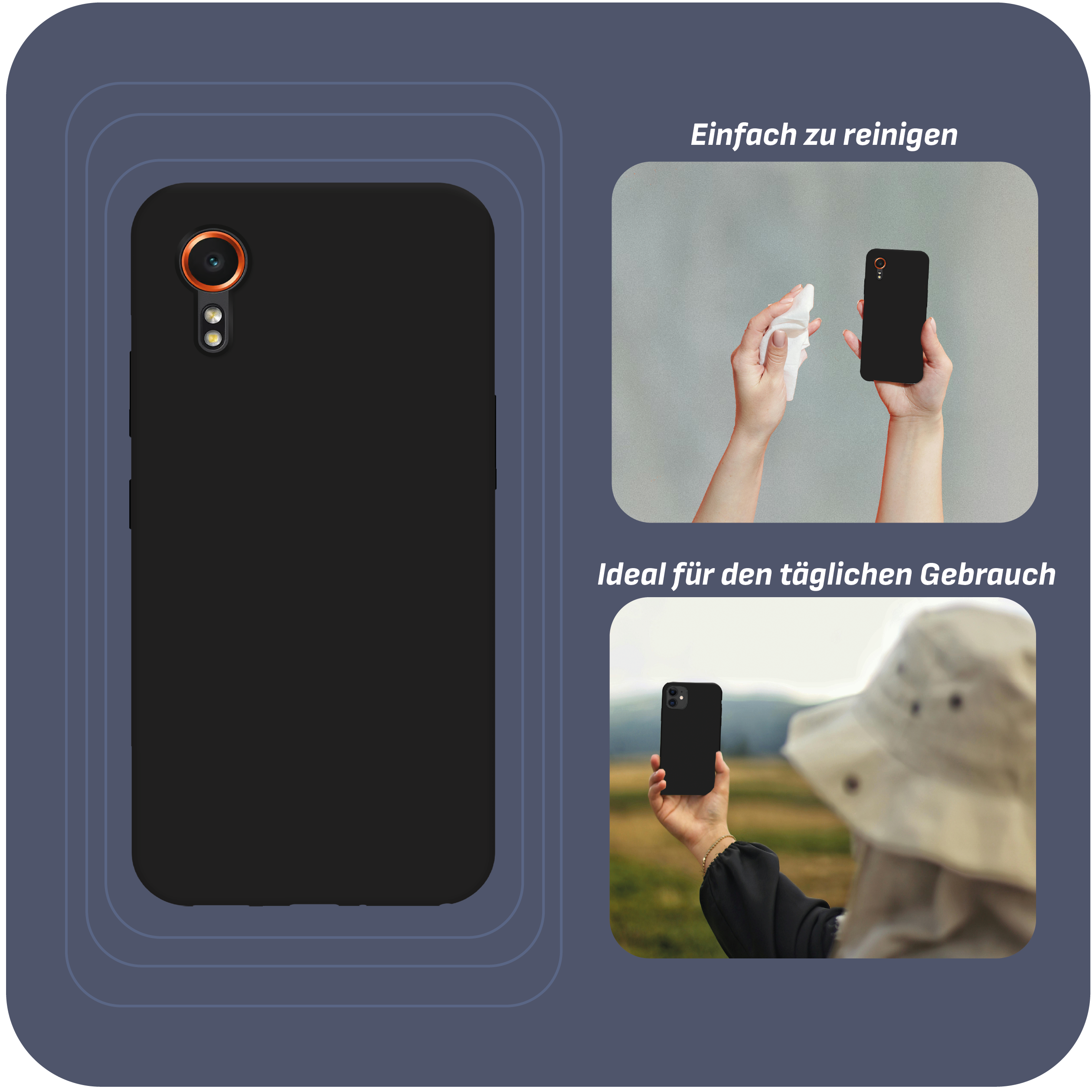 Schwarzes Telefon mit mehreren Bildern. Es zeigt die Reinigung, das Halten und das Telefon selbst. Blauer Hintergrund.