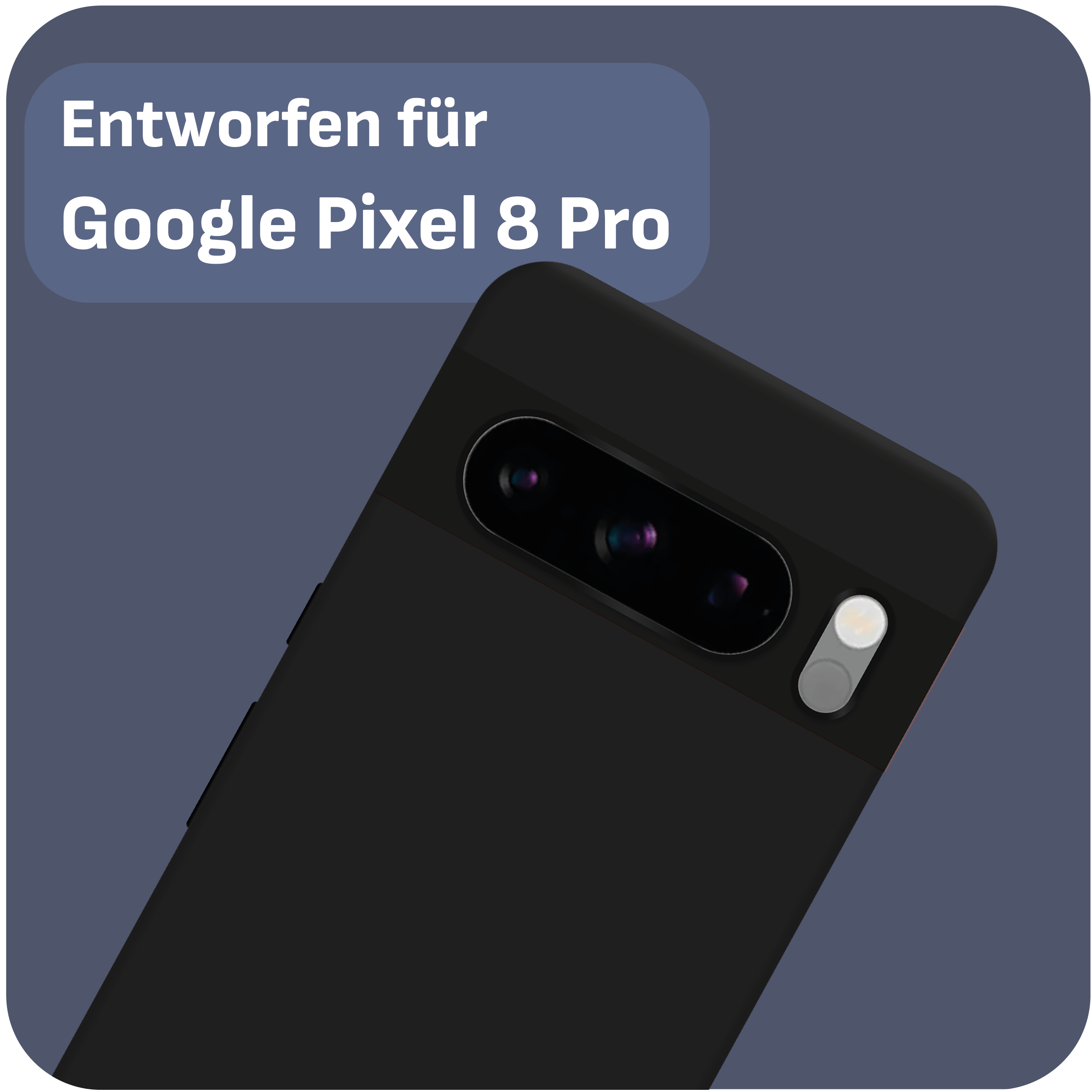 Schwarze Handyhülle, entworfen für Google Pixel 8 Pro, mit Text auf blauem Hintergrund.
