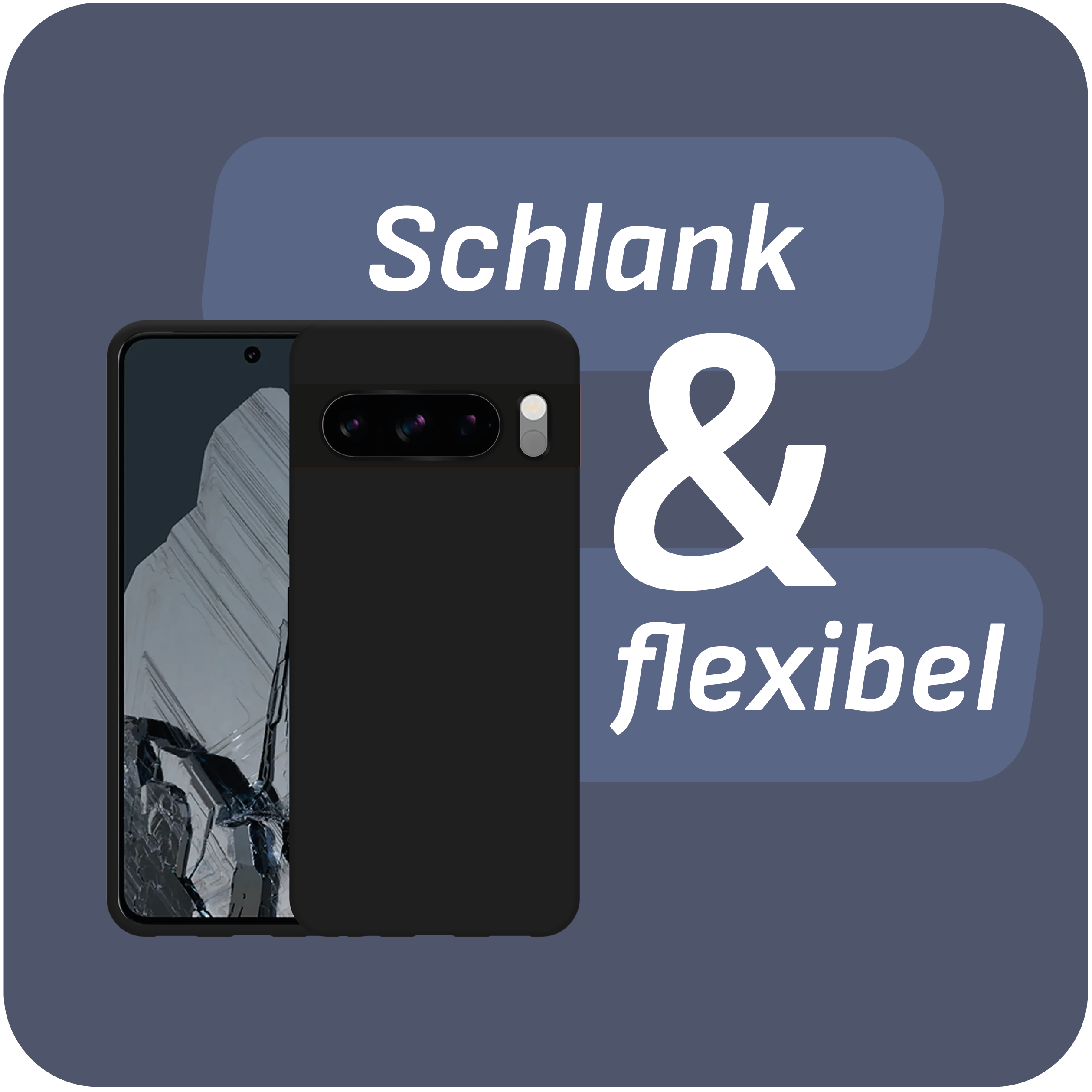 Schwarze Handyhülle mit Telefon, Text auf blauem Grund.
