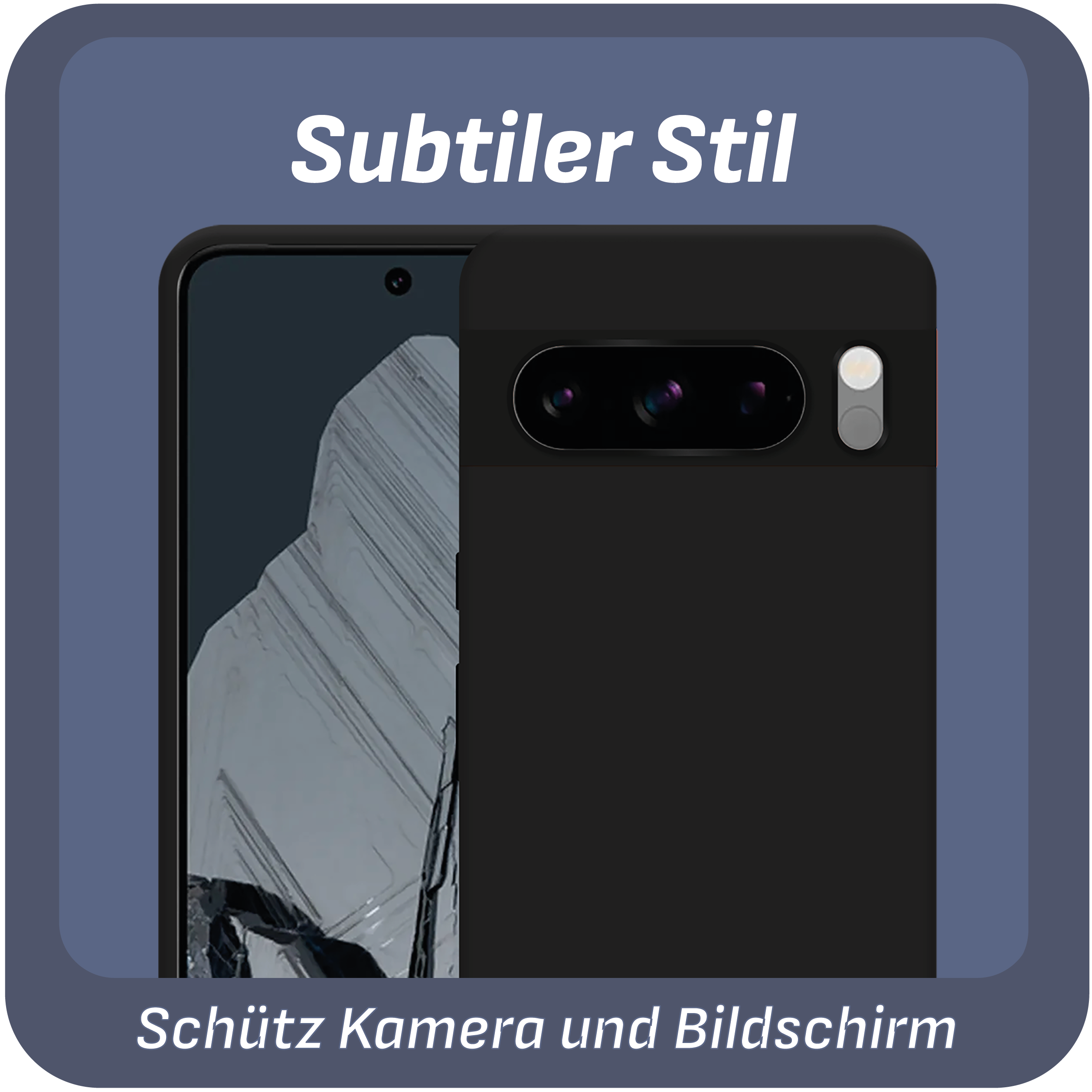 Handyhülle mit schwarzem Design. Text: Schütz Kamera und Bildschirm. Grauer Hintergrund.