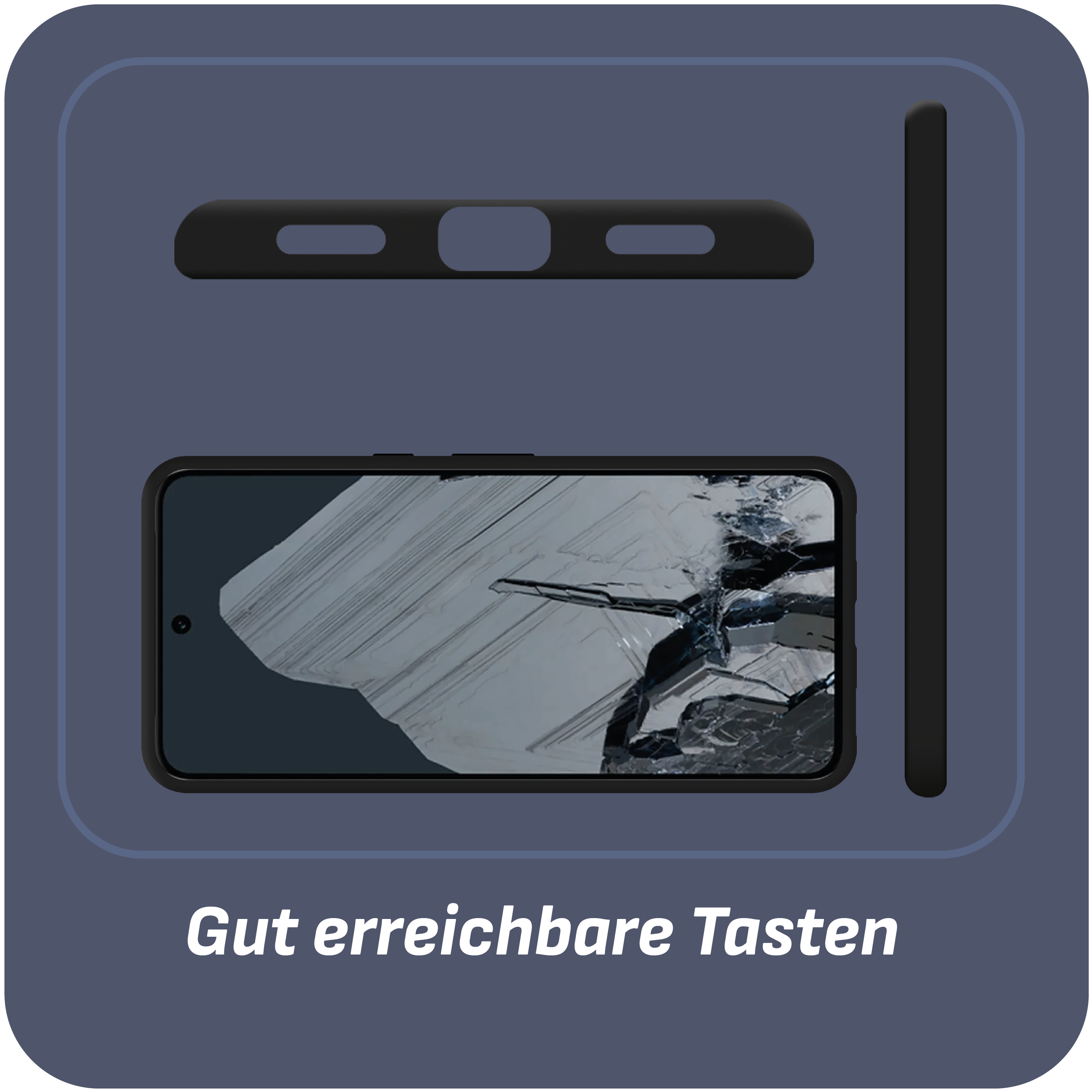 Telefonhülle, schwarz, mit einem Telefon darin, der Bildschirm ist gerissen. Text unten.