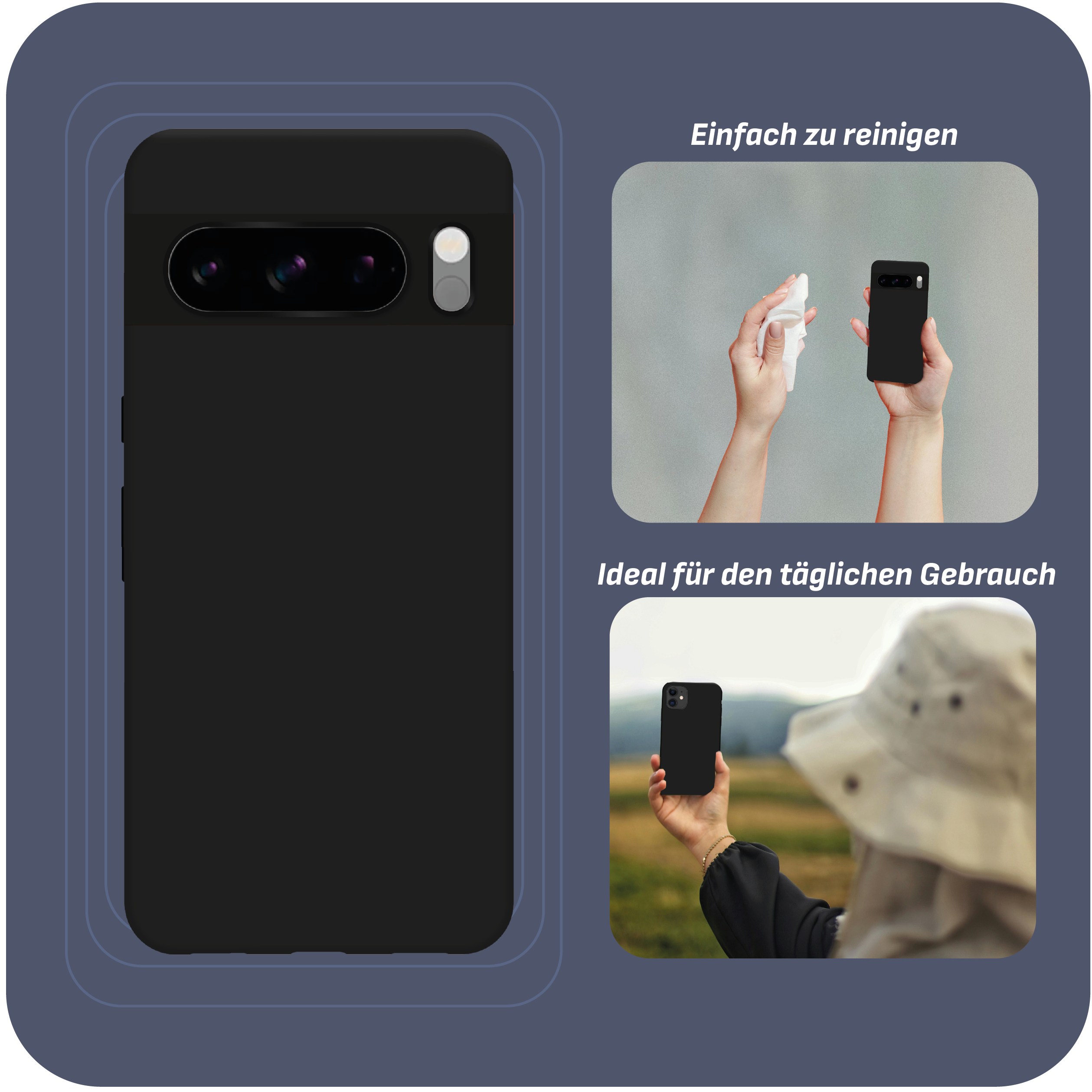 Schwarze Handyhülle mit Handy. Text: 'Einfach zu reinigen' und 'Ideal für den täglichen Gebrauch'.