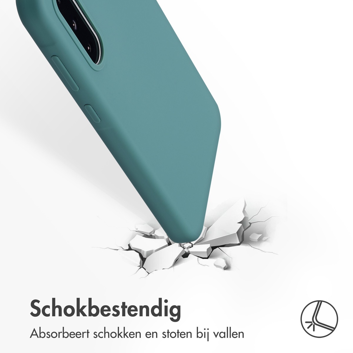 Teal telefoonhoes die een oppervlak kraakt. Tekst: 'Schokbestendig', absorbeert schokken.