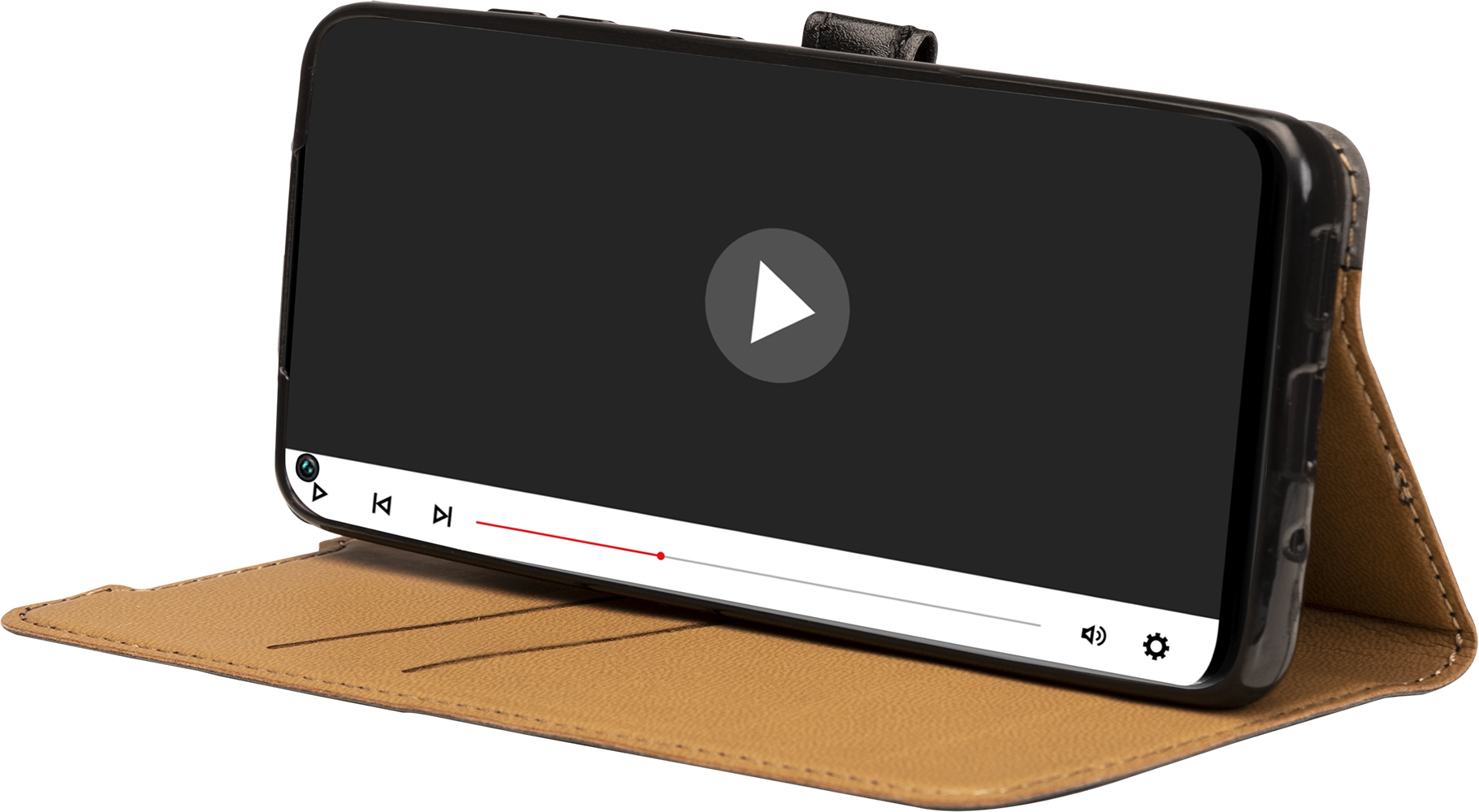 Telefono che mostra un video. Il telefono è in una custodia, aperta per mostrare lo schermo.