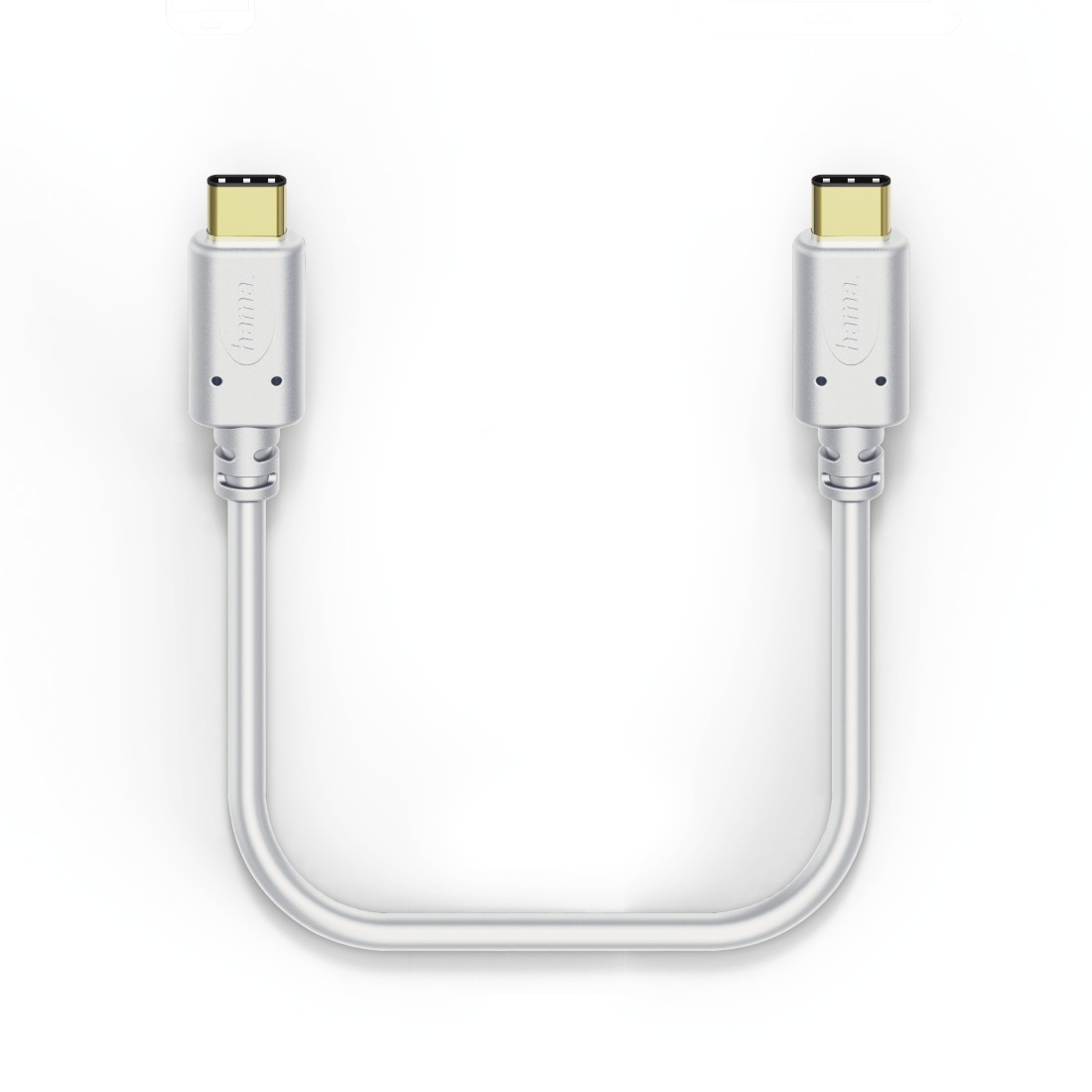 Dwa kable USB-C połączone w kształt litery U. Są białe.