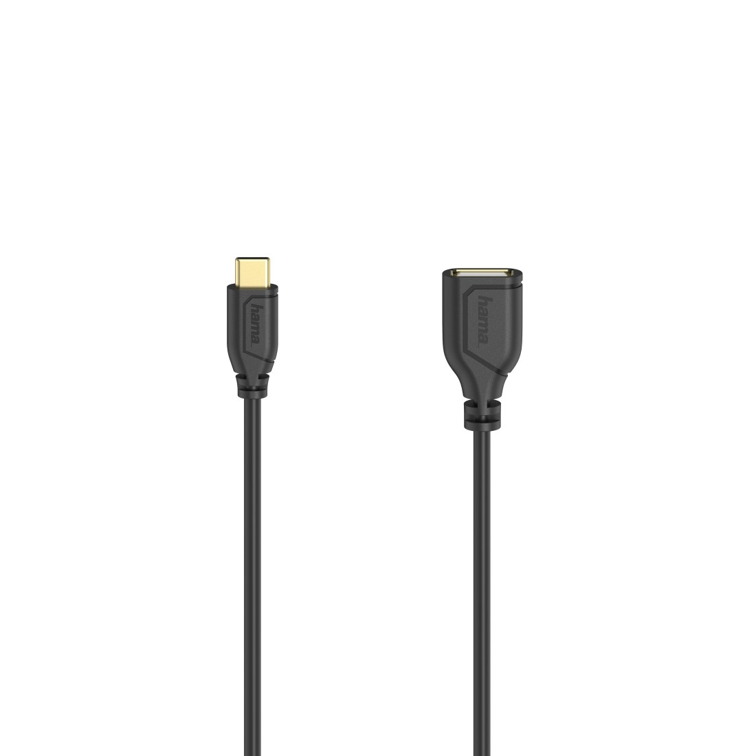 Dwa czarne kable Hama, jeden ze złotym USB-C, drugi z portem USB.