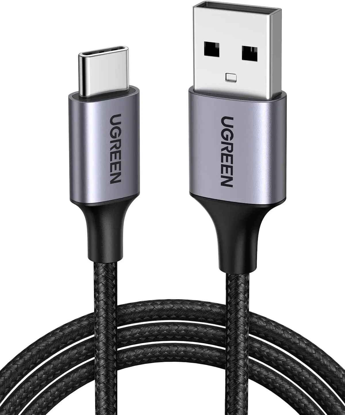 Kabel USB-C do USB-A. Czarny, ze srebrnymi złączami i napisem UGREEN.