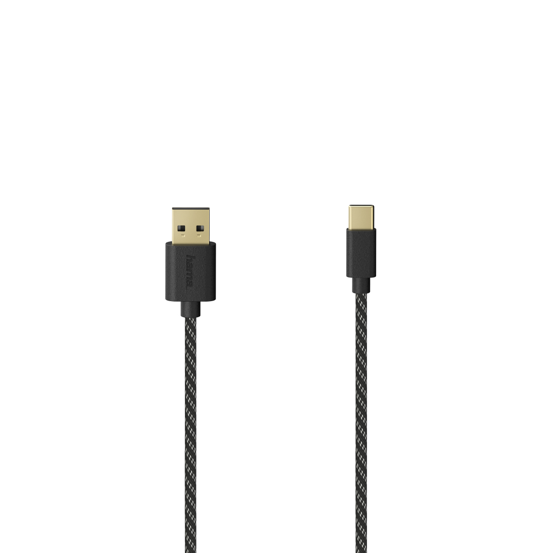 Czarny kabel USB-A do USB-C z teksturowanym wzorem, na białym tle.
