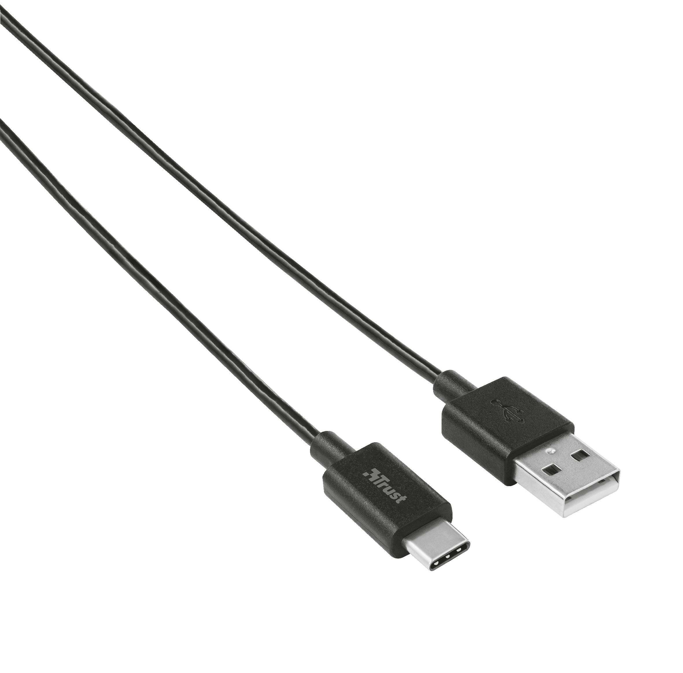Cavo nero da USB-C a USB-A. Il cavo è nero e ha il marchio Trust.