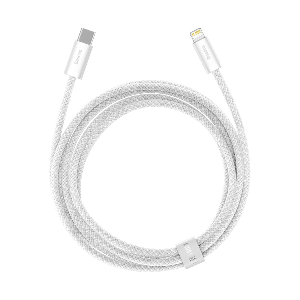 Cavo USB-C a Lightning bianco intrecciato, cerchiato, con marchio Baseus, isolato.
