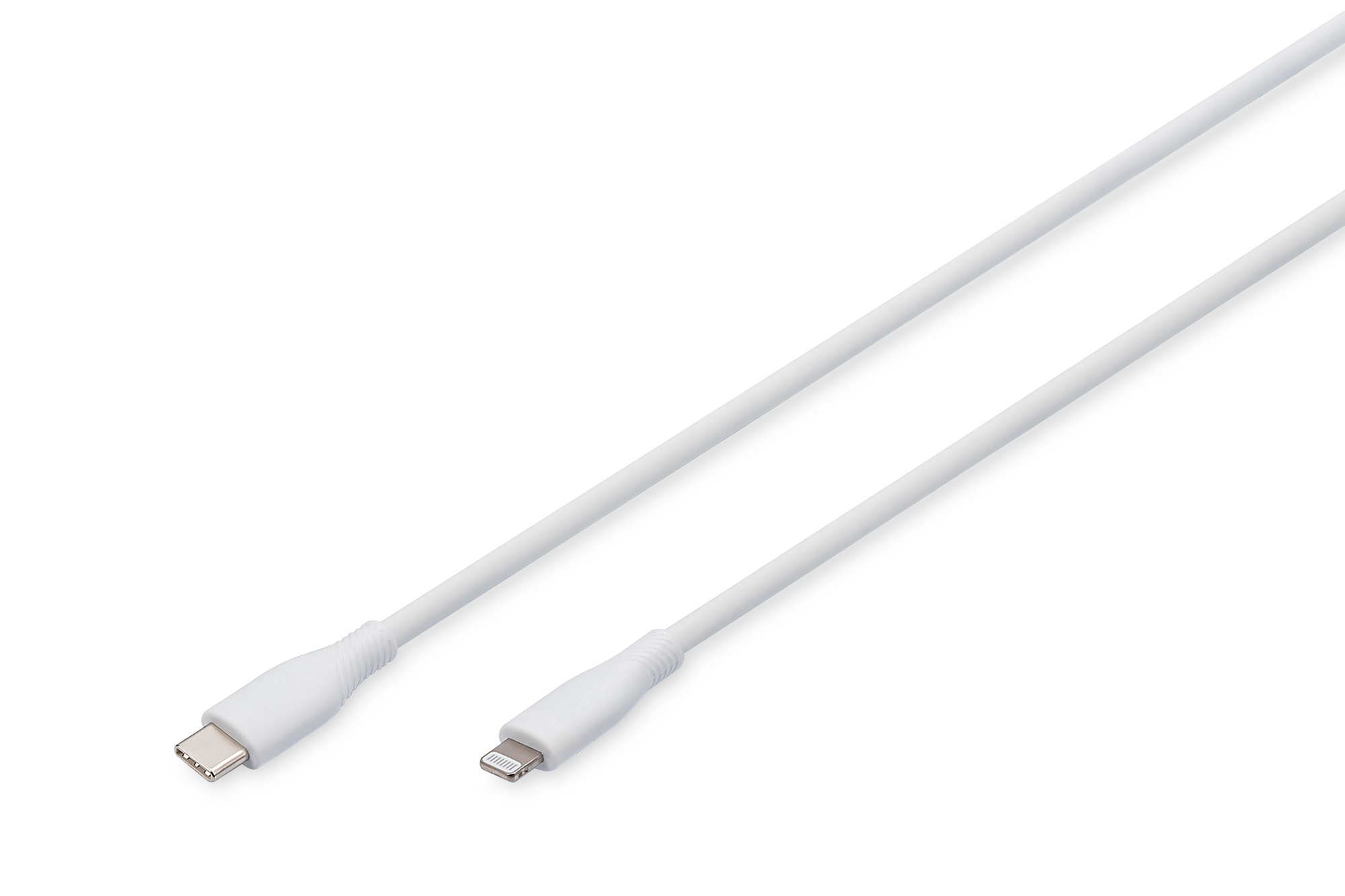 Un cavo USB-C a Lightning bianco, su sfondo bianco.