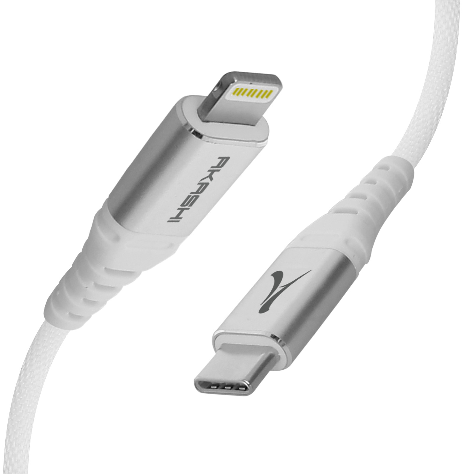 Câble USB-C vers Lightning blanc. 'AKASHI' est écrit sur le connecteur USB-C.