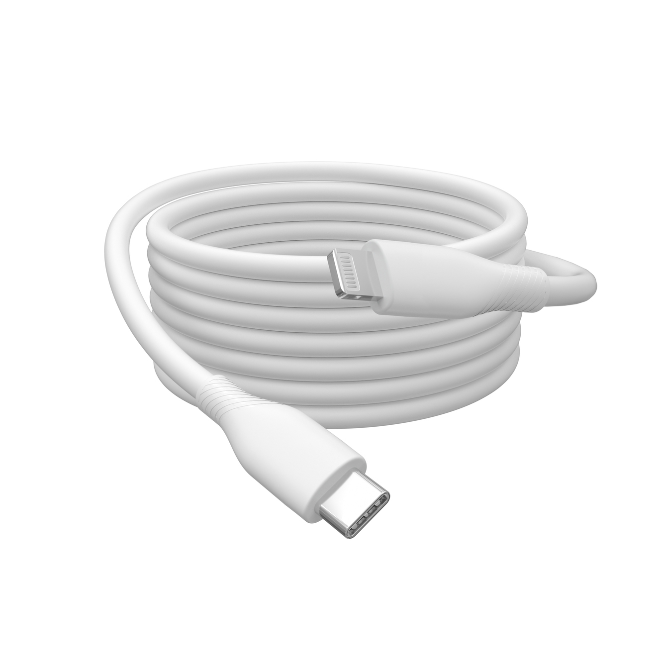 Cavo USB-C a Lightning bianco, arrotolato, su sfondo bianco.