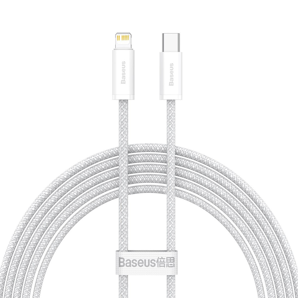 Cavi bianchi da USB a Lightning e USB-C. Entrambi i connettori sono etichettati "Baseus".