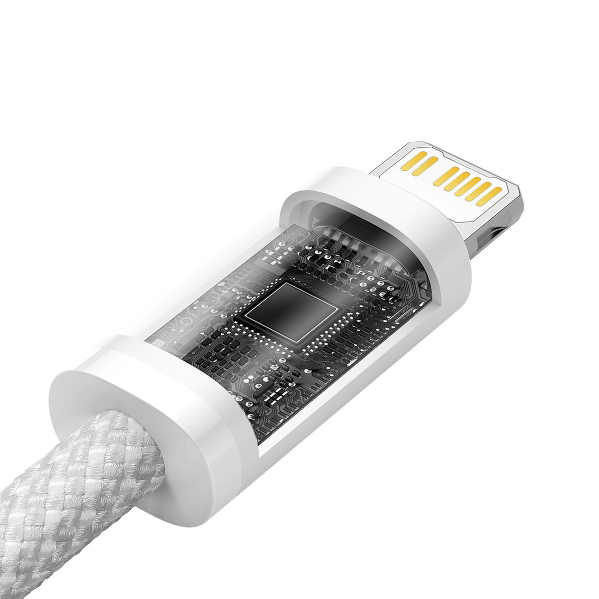 Primo piano di un connettore Lightning con circuiti interni visibili, involucro bianco e cavo intrecciato bianco.