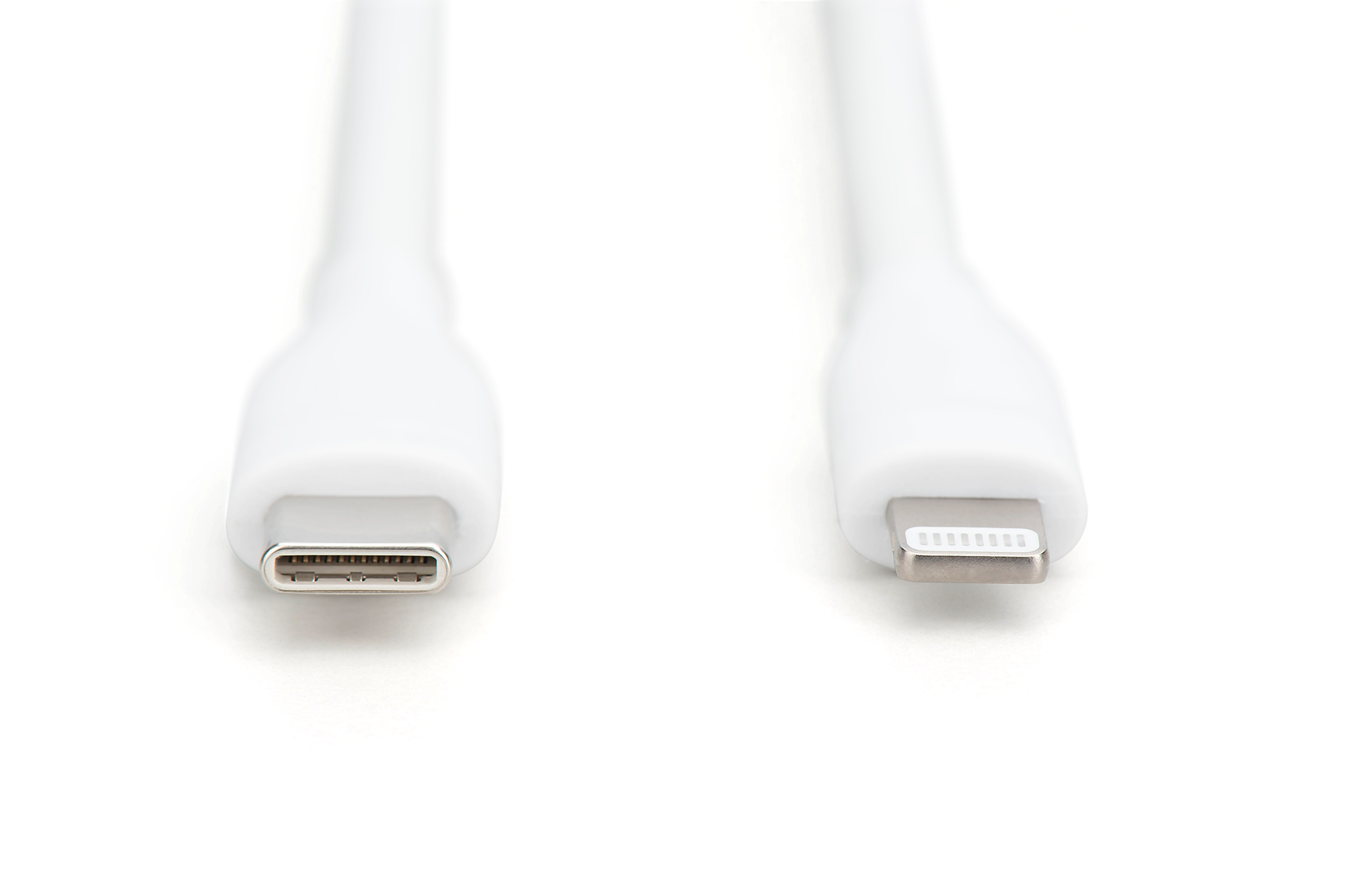 Due cavi di ricarica bianchi, uno USB-C, l'altro Lightning, su bianco.