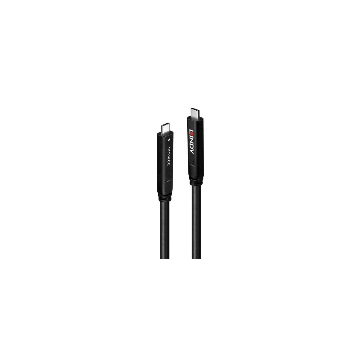 Zwei schwarze USB-C-Kabel. Ein Ende ist mit „SOURCE“ beschriftet, das andere mit „LINDY“.
