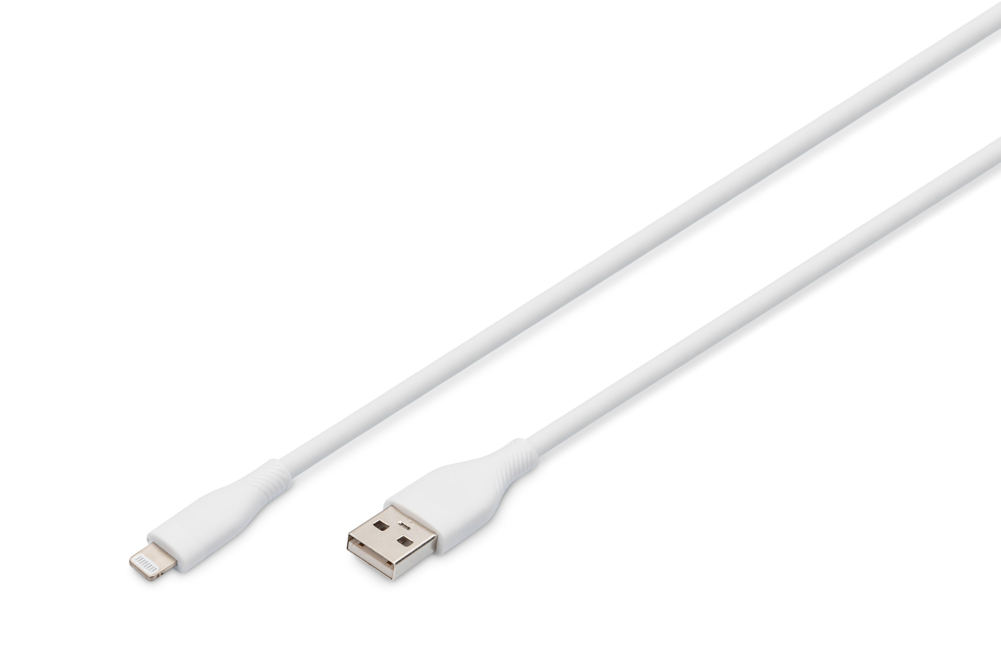 Cavo da USB a Lightning bianco, isolato su sfondo bianco.