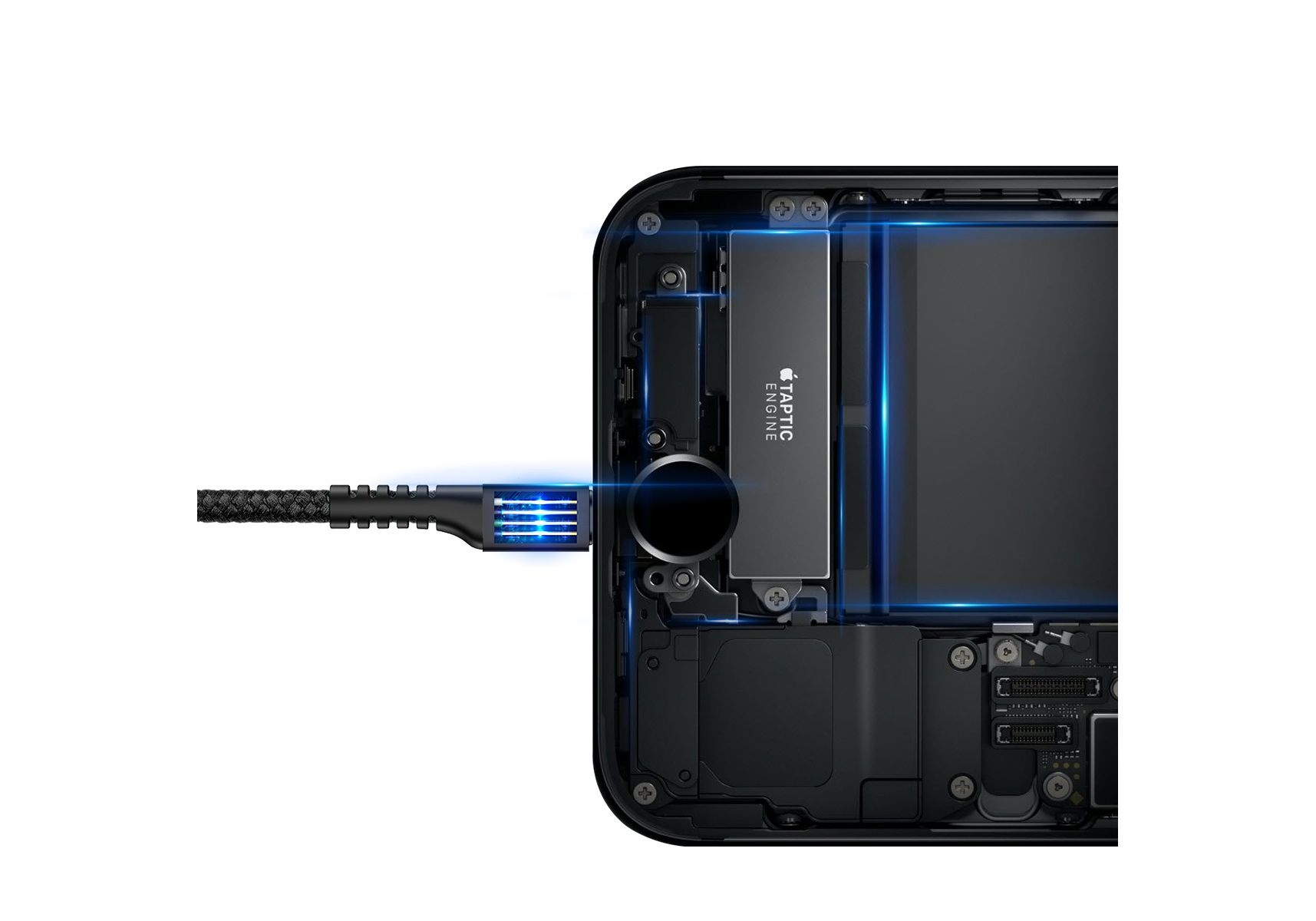 Komponent telefonu. Widok wewnętrzny pokazujący baterię i port ładowarki z kablem.