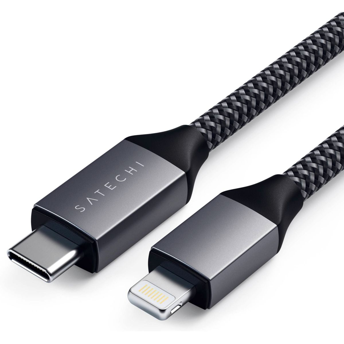 Satechi USB-C-auf-Lightning-Kabel, grau-schwarzes geflochtenes Design, freigestellt.