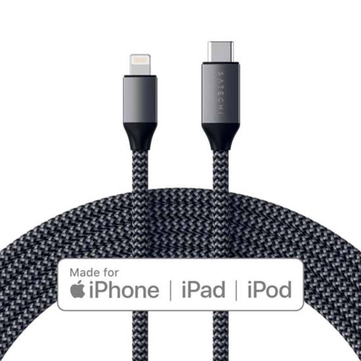 Zwei Ladekabel, eines Lightning und eines USB-C, mit grau-schwarzem geflochtenem Design und weißem Logo.