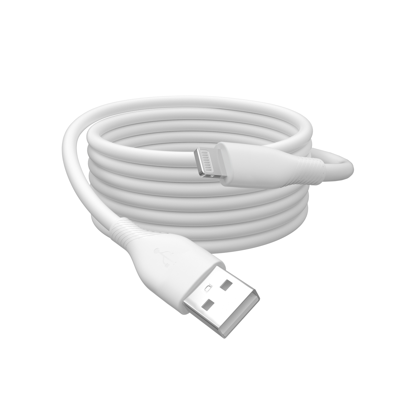 Cavo da Lightning a USB bianco, arrotolato su una superficie bianca, isolato, sfondo bianco.