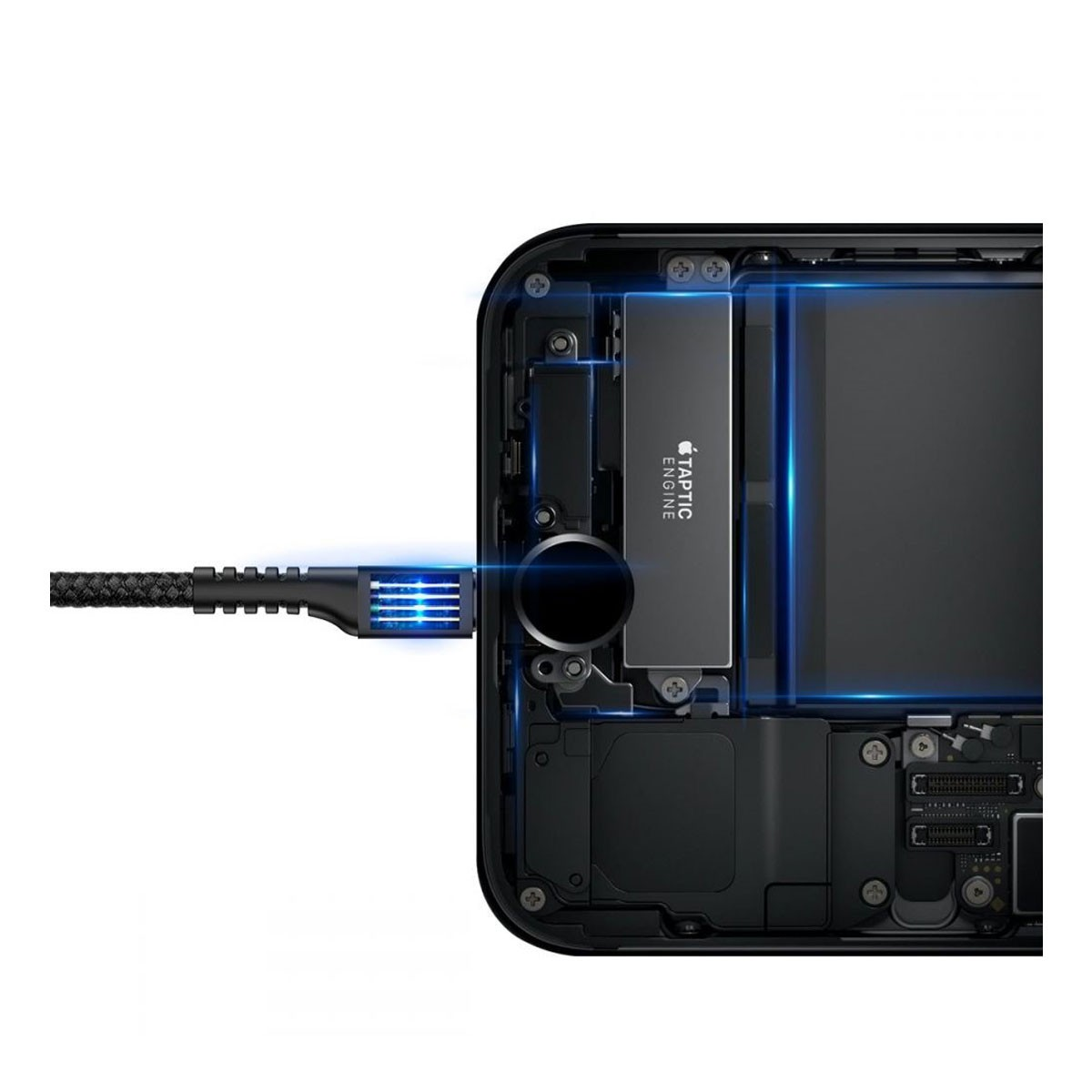 Widok wewnętrzny telefonu: bateria, port ładowania i podłączony kabel z niebieskimi światłami.