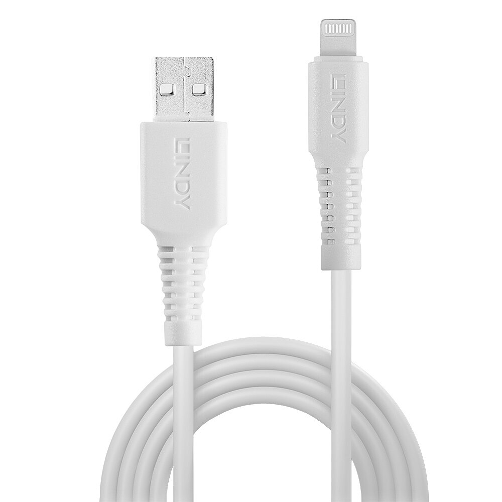 Biały kabel ze złączami USB i Lightning. Widoczna nazwa marki 'LINDY'.