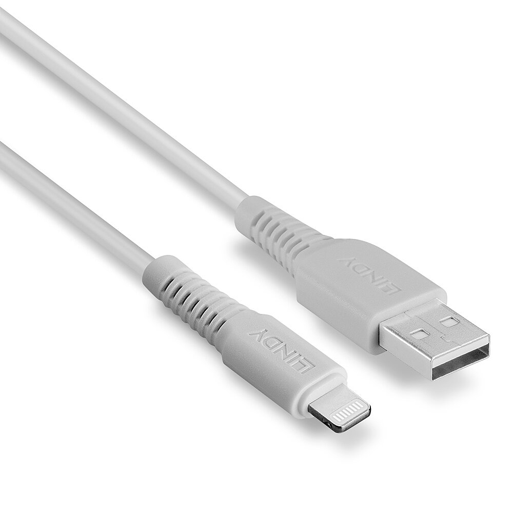 Biały kabel ze złączem Lightning i złączem USB, z marką LINDY.