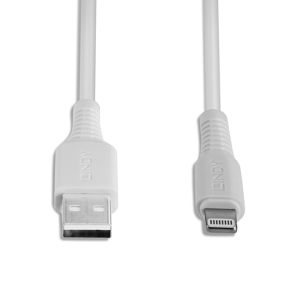 Biały kabel USB do Lightning firmy Lindy, izolowany na białym tle, widoczne złącza.