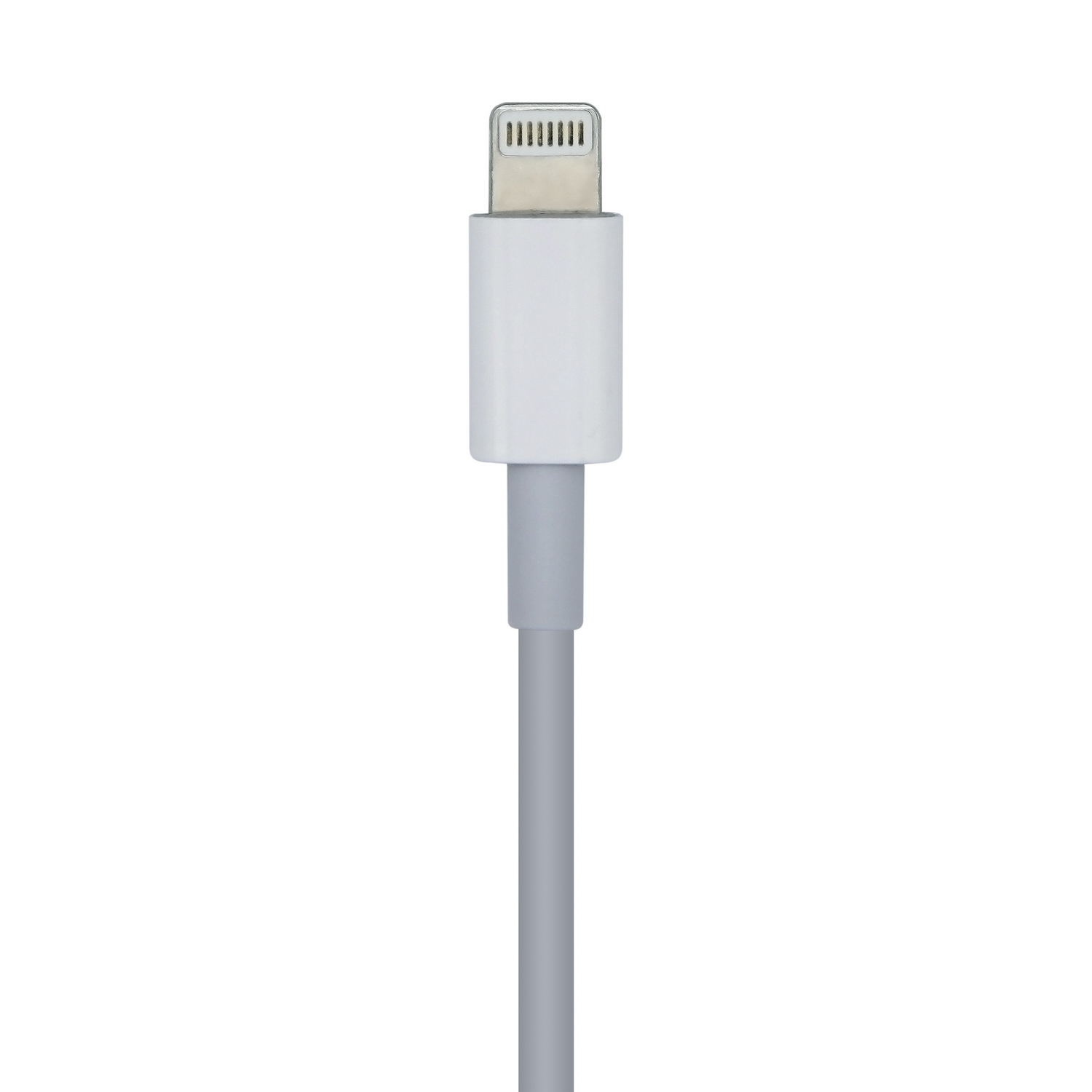 Un cavo per caricabatterie iPhone bianco, con un connettore bianco e un cavo grigio.