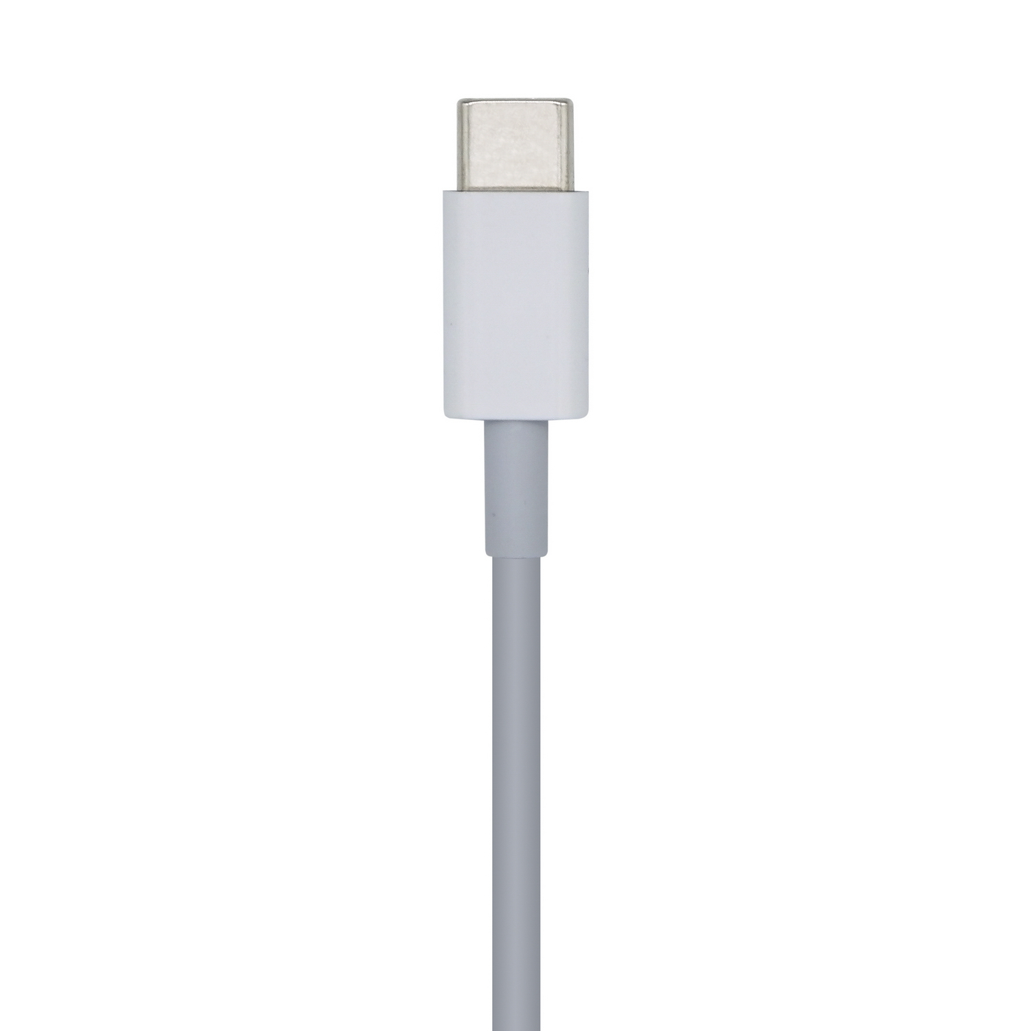 Cavo USB-C da bianco a grigio. Il connettore è bianco. Sfondo bianco liscio.