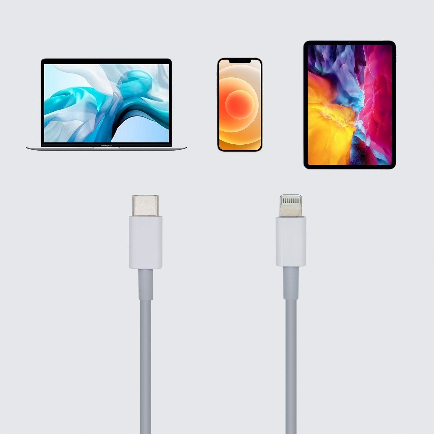 Laptop, un telefono e un tablet con cavi; un cavo USB-C e un cavo Lightning.